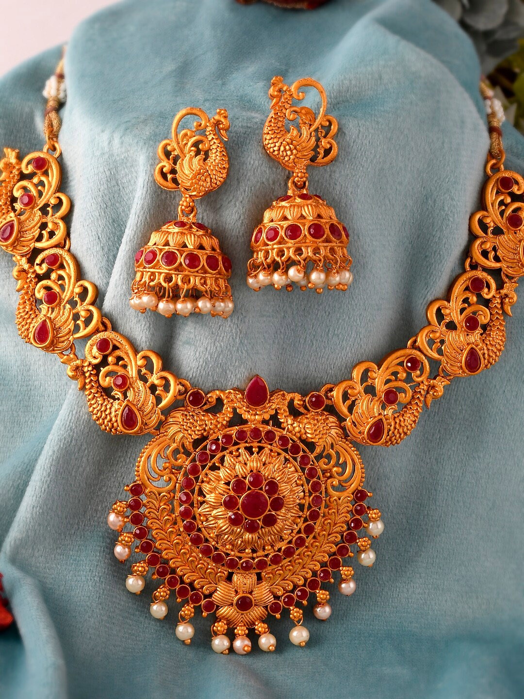 

Silvermerc Designs Gold-Plated Stone Studded Temple Jewellery Set, Red