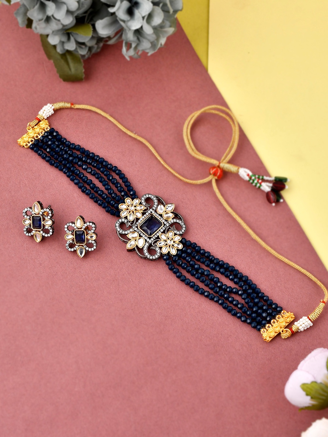 

Silvermerc Designs Gold-Plated AD-Studded & Beaded Jewellery Set, Blue