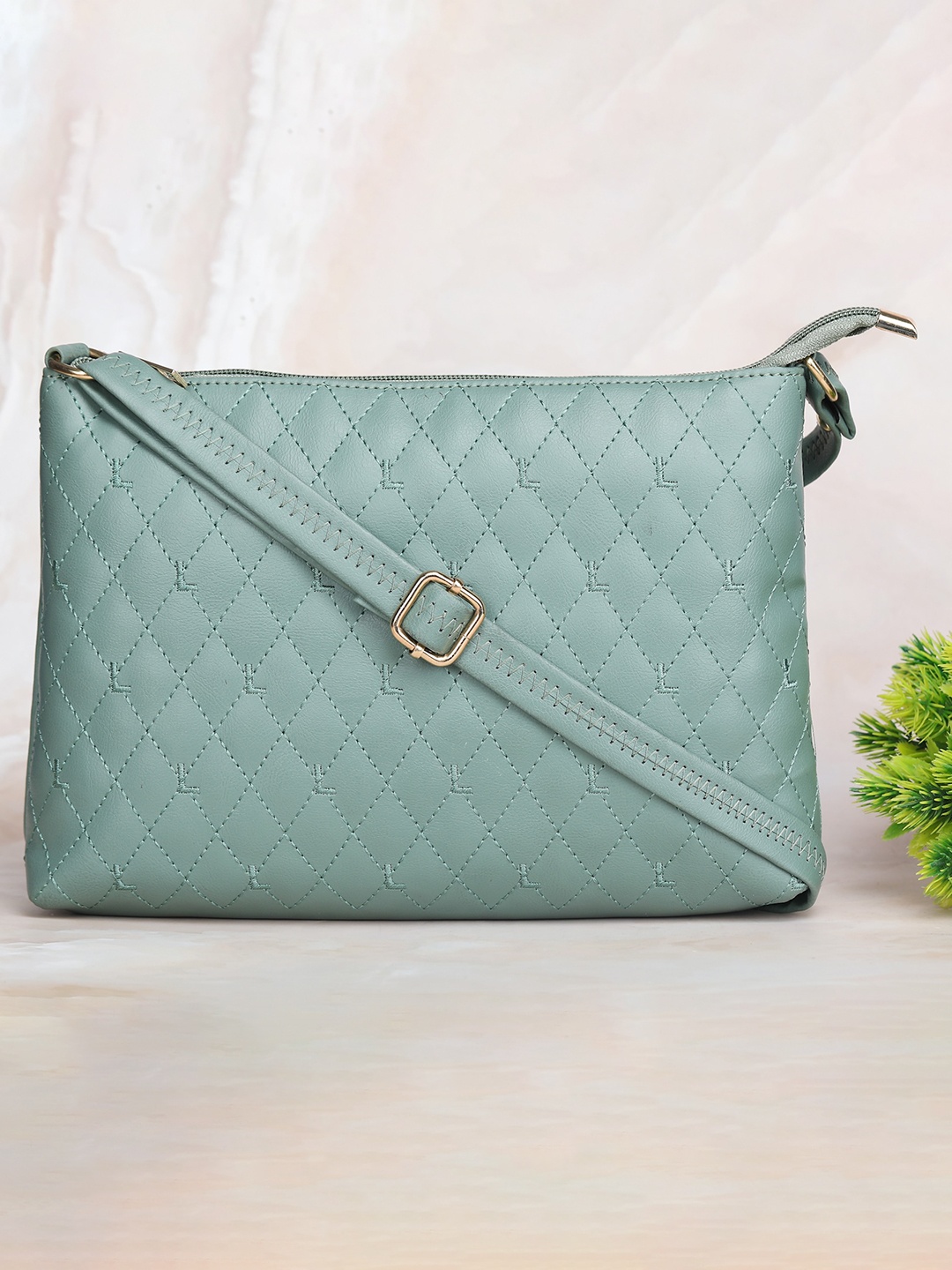 

LEGAL BRIBE Green Textured PU Structured Sling Bag with Quilted