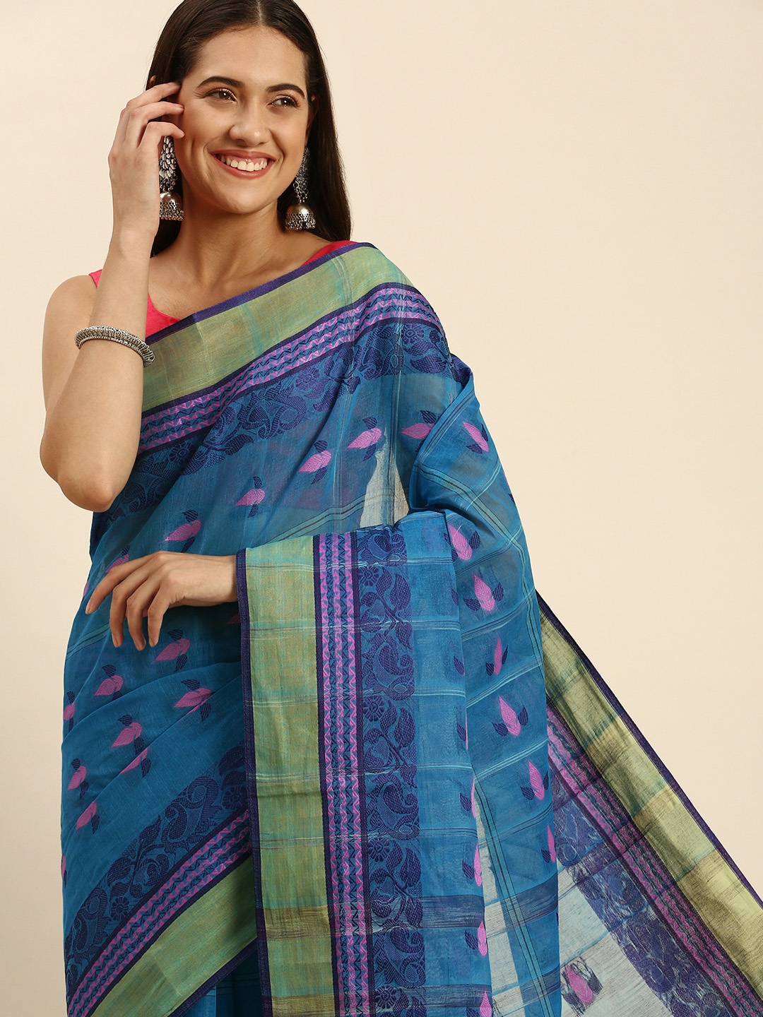 

DESH BIDESH Woven Design Pure Cotton Taant Saree, Blue