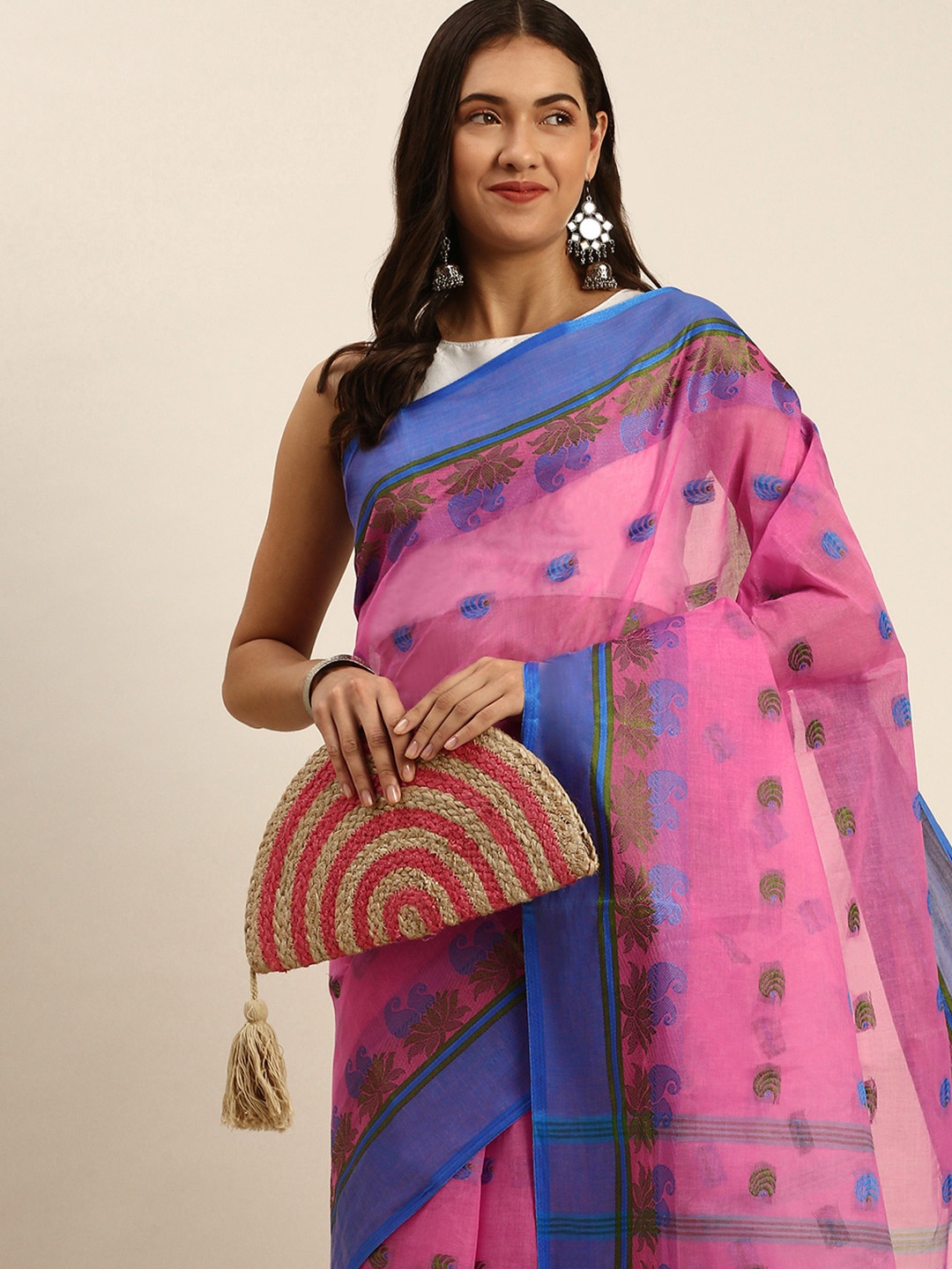 

DESH BIDESH Woven Design Pure Cotton Taant Saree, Pink