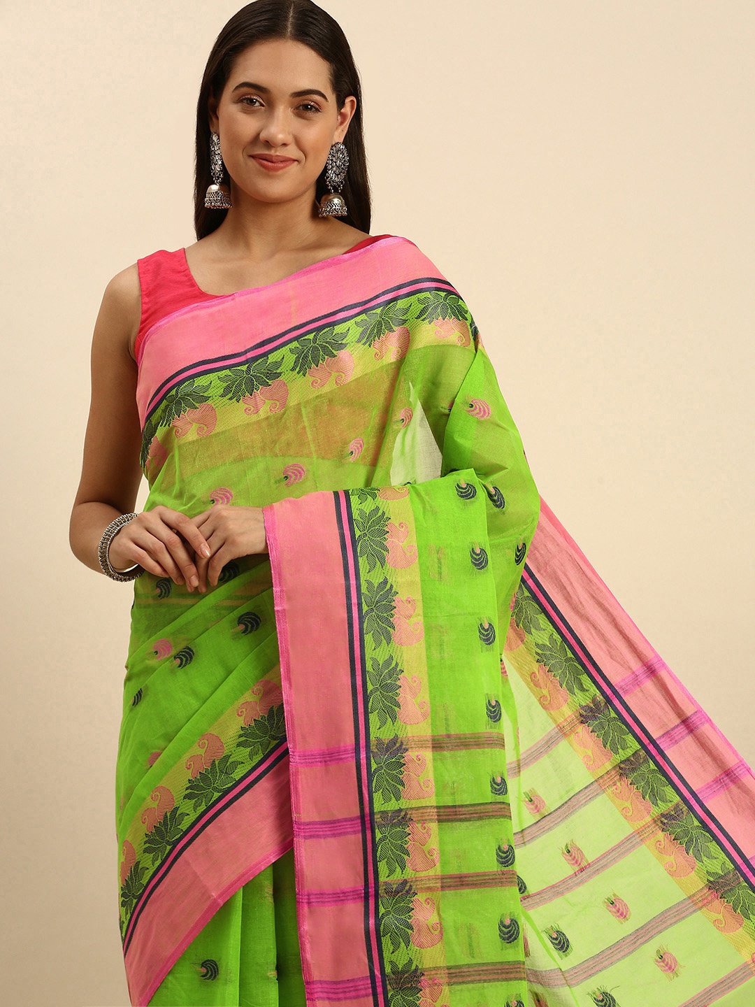 

DESH BIDESH Woven Lotus Kolka Design Pure Cotton Bengal Taant Saree, Green