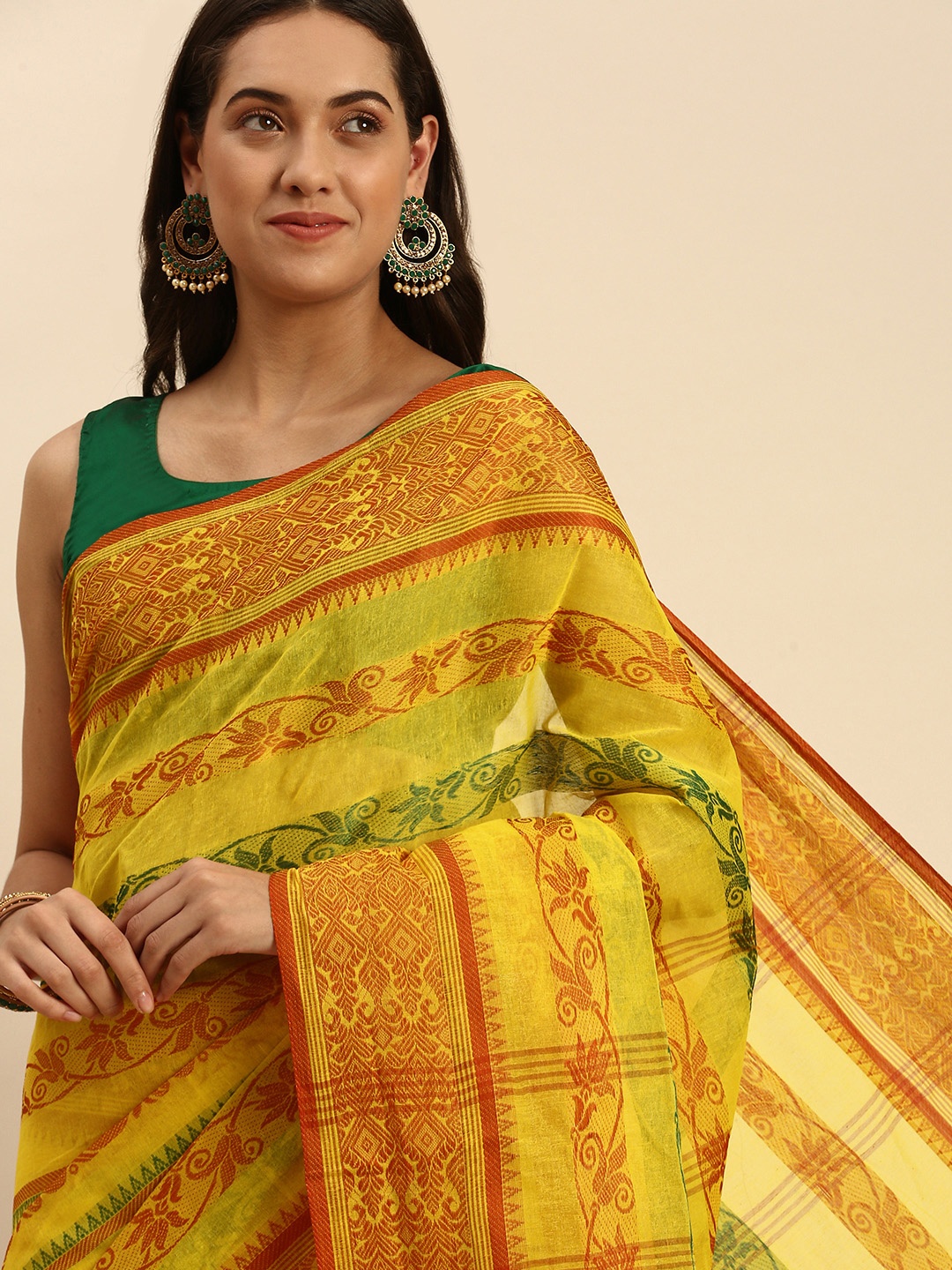 

DESH BIDESH Woven Design Pure Cotton Taant Saree, Yellow