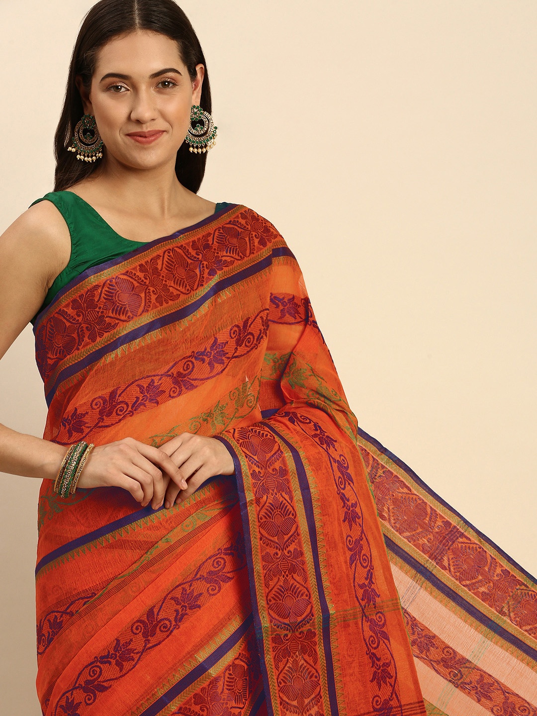 

DESH BIDESH Woven Design Pure Cotton Taant Saree, Orange