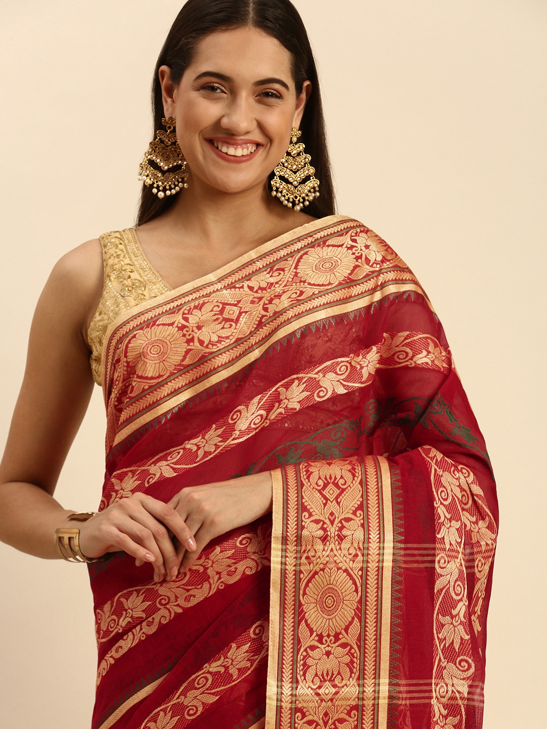 

DESH BIDESH Woven Design Pure Cotton Taant Saree, Red