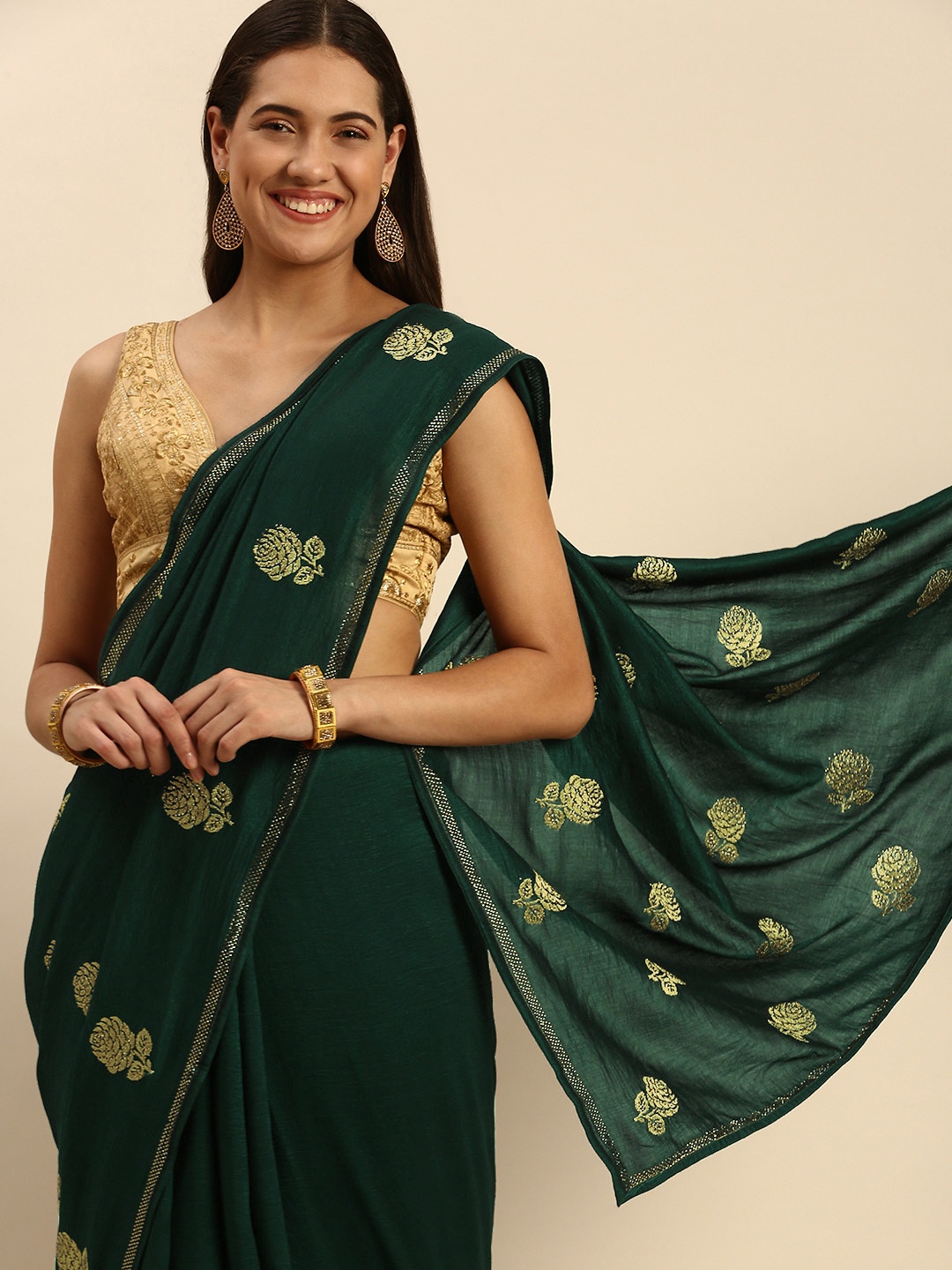 

MOHEY Floral Zari Art Silk Saree, Green