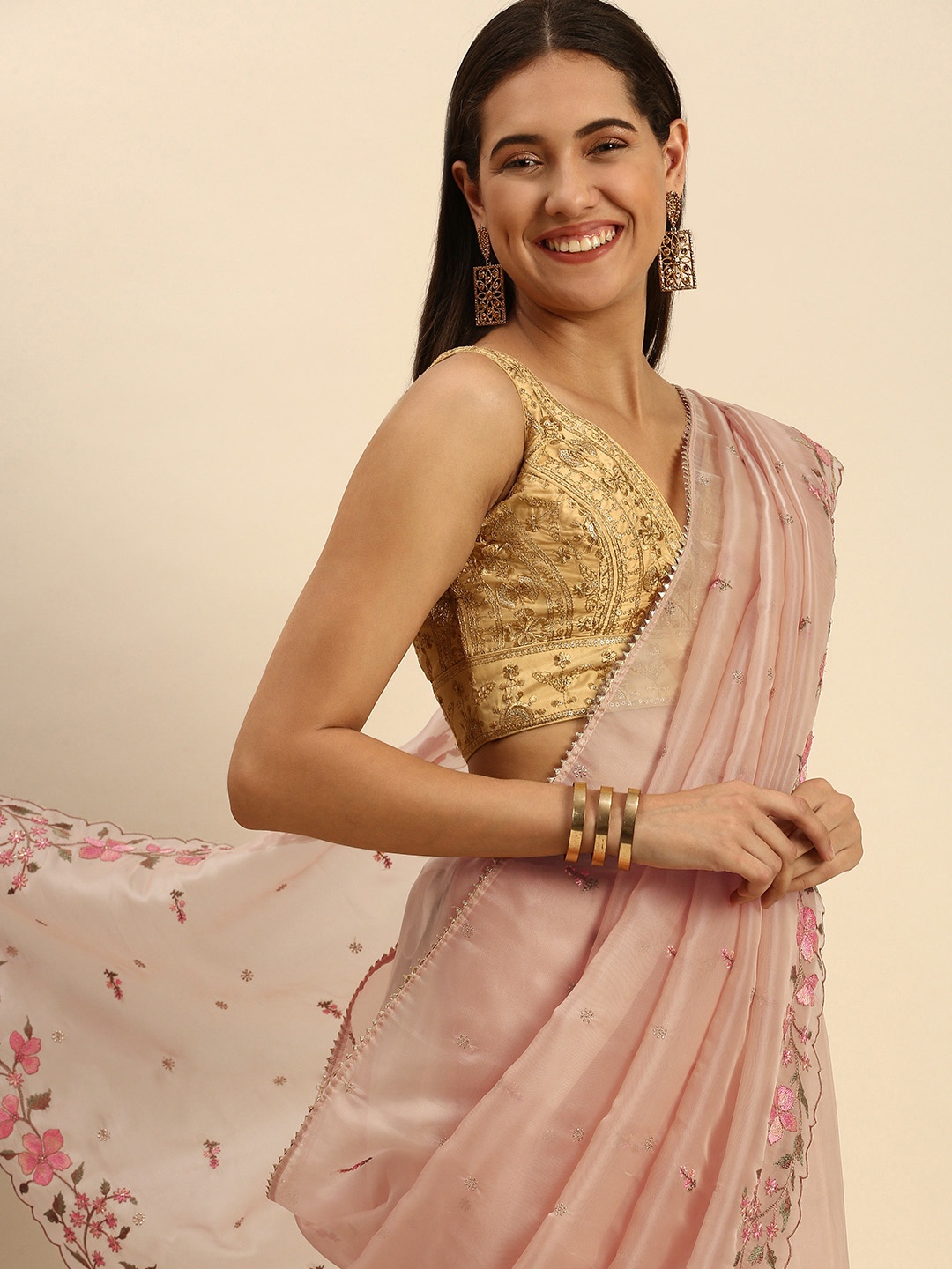 

MOHEY Floral Resham & Zari Organza Saree, Peach