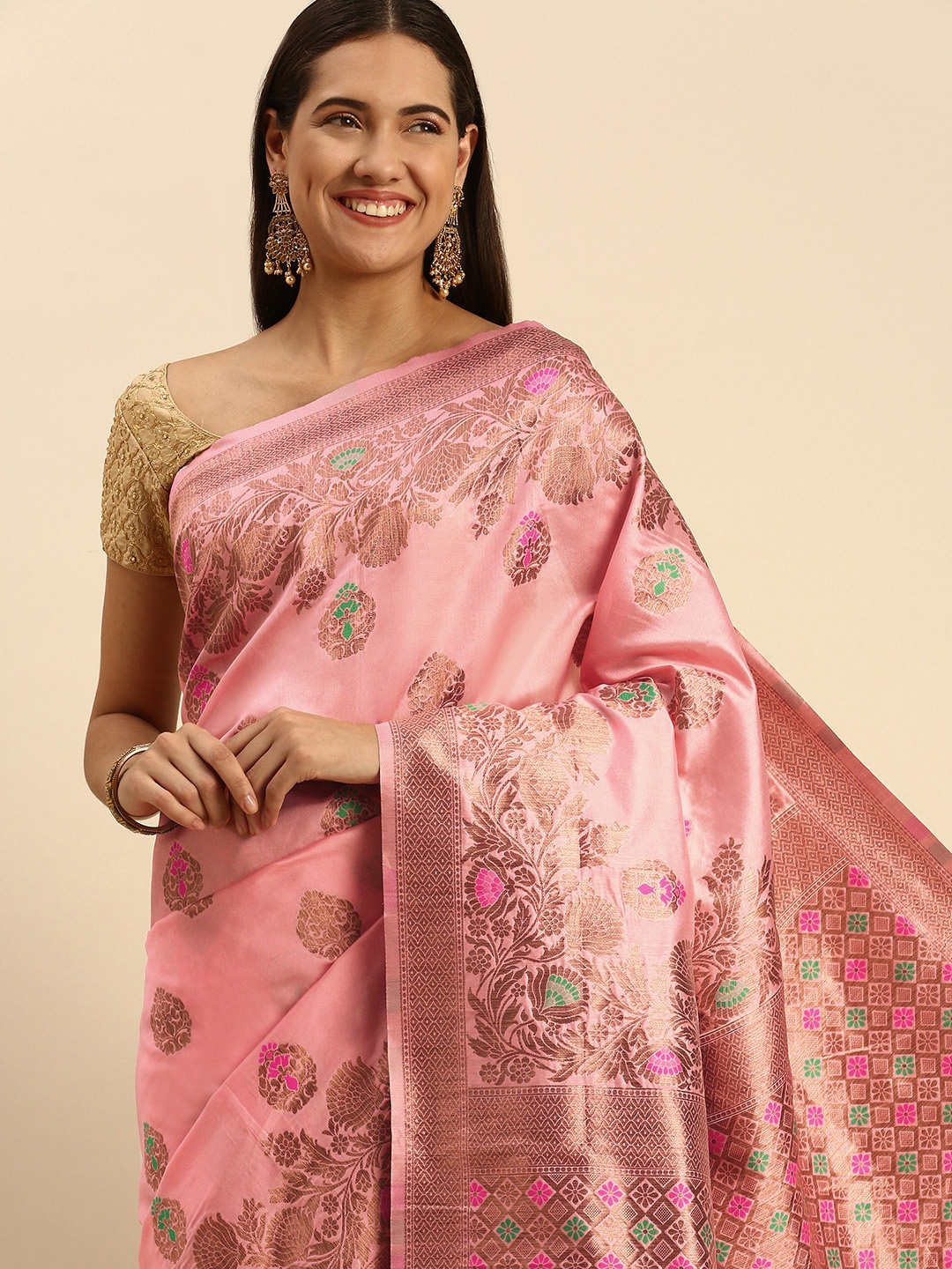 

MOHEY Woven Design Art Silk Saree, Pink