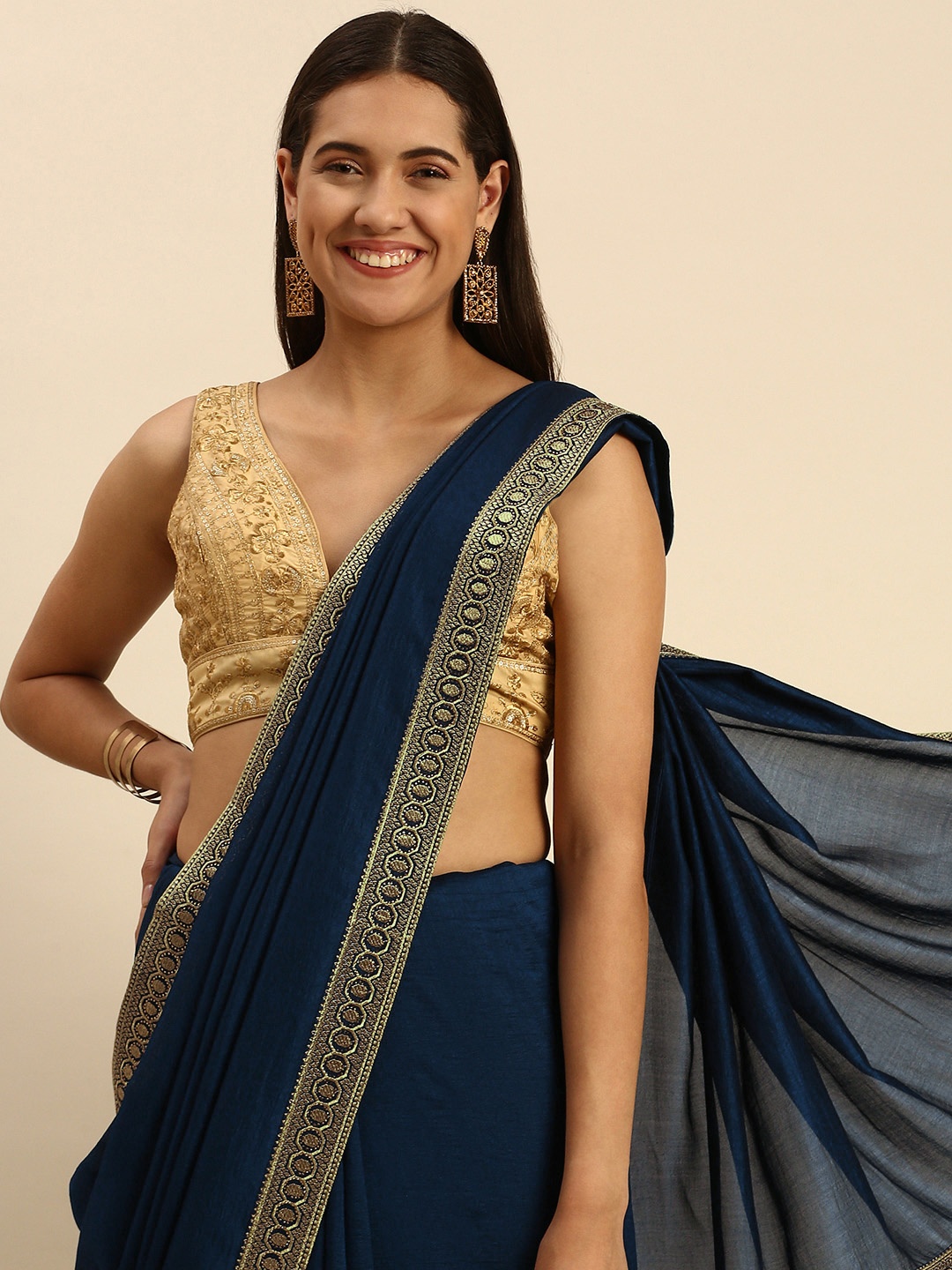 

MOHEY Zari Art Silk Saree, Navy blue
