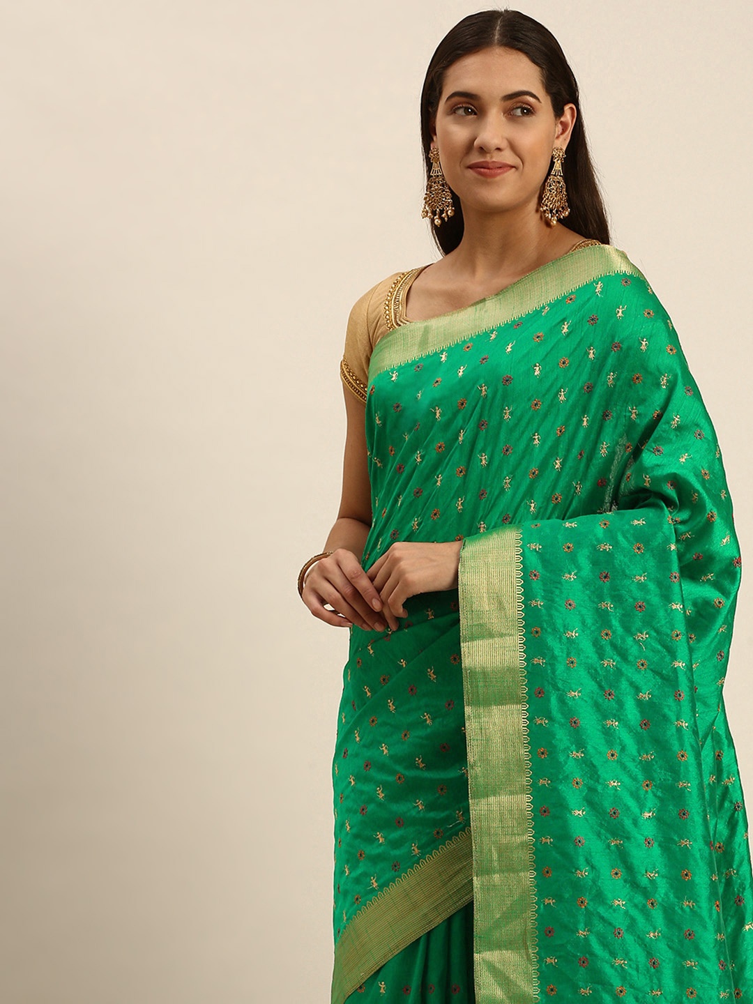 

MOHEY Floral Embroidered Zari Art Silk Resham Saree, Green