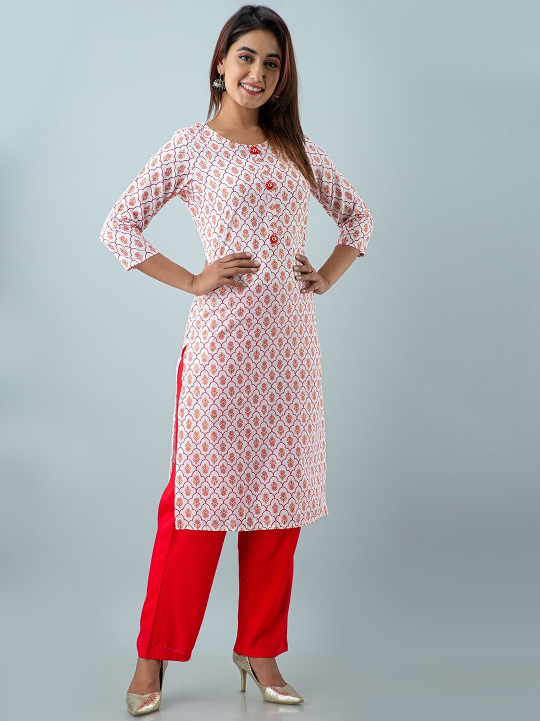 

SKY SHOPPIE Women Red Floral Printed Pure Cotton Kurta with Pant and Dupatta set