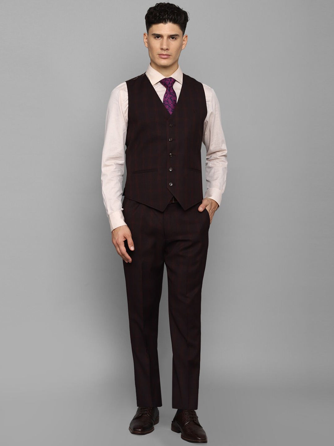 

Allen Solly Men Brown Checked Slim-Fit Single-Breasted Suit, Coffee brown