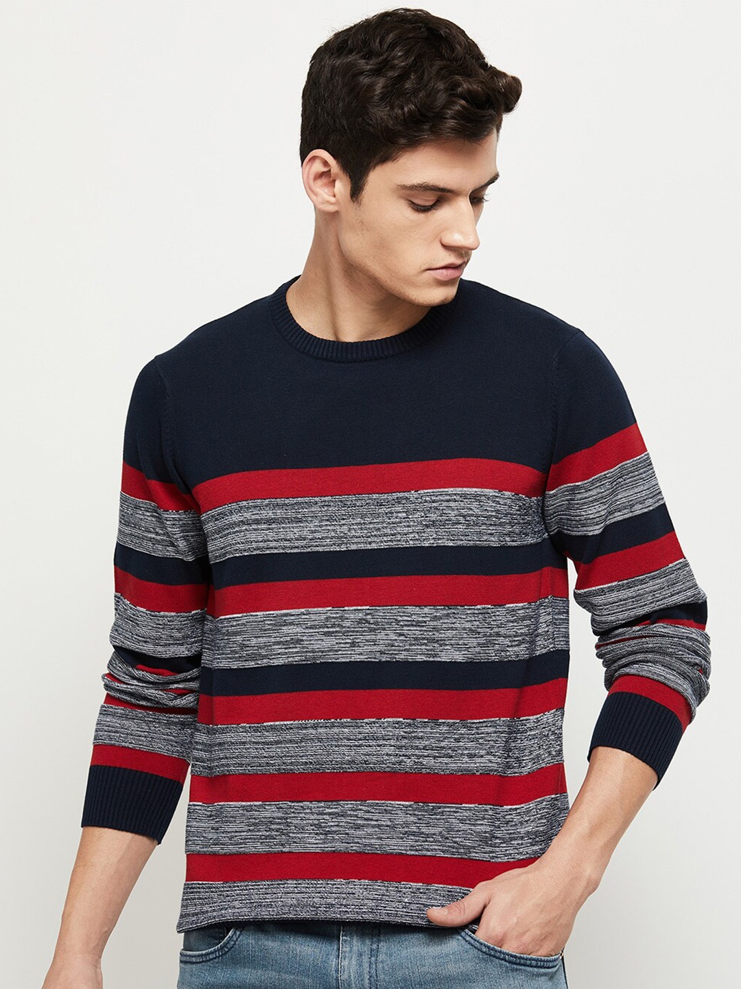 

max Men Cotton Striped Pullover, Navy blue