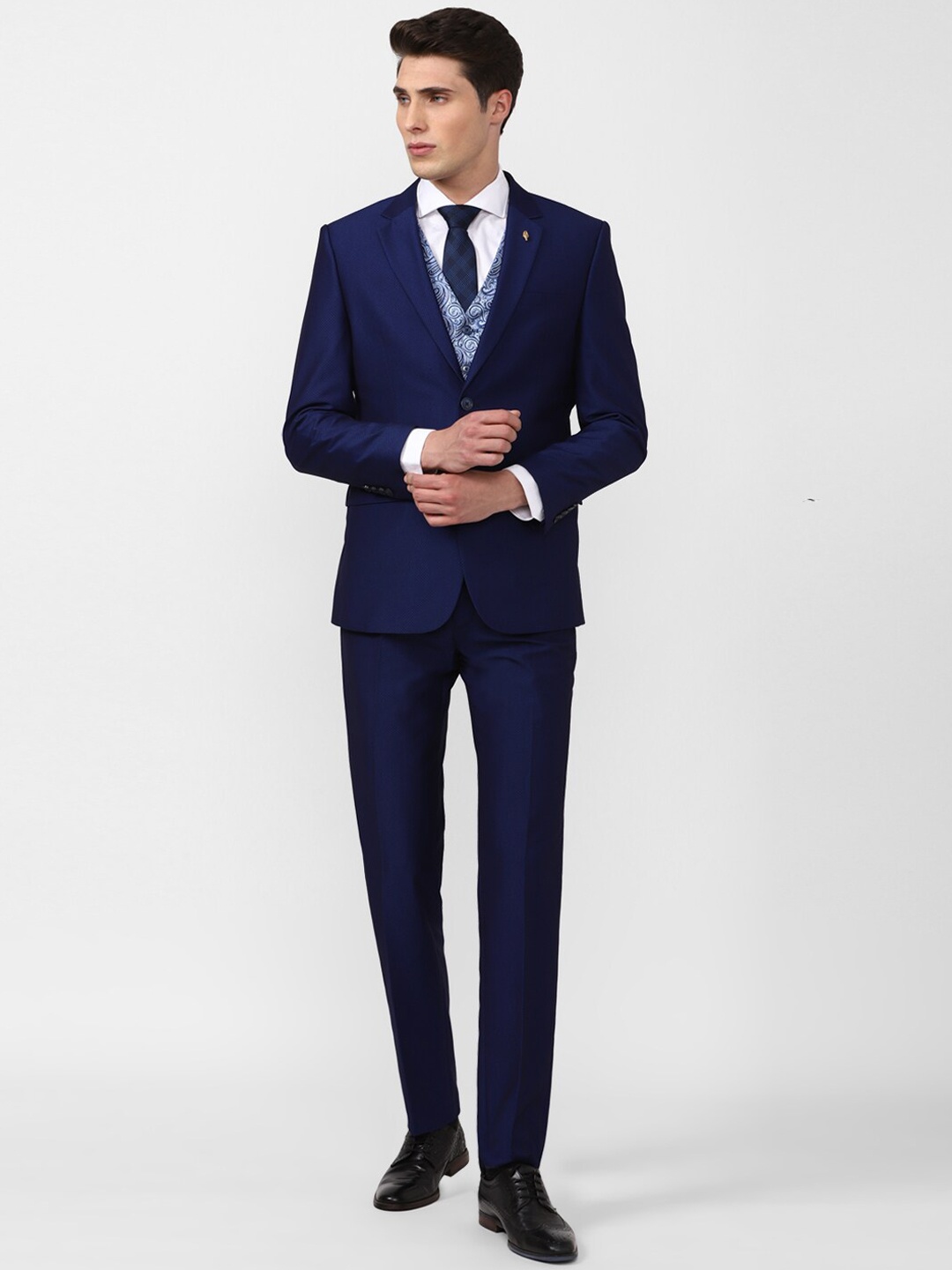 

Van Heusen Men Paisley Printed Slim-Fit Single Breasted Three Piece Suits, Navy blue