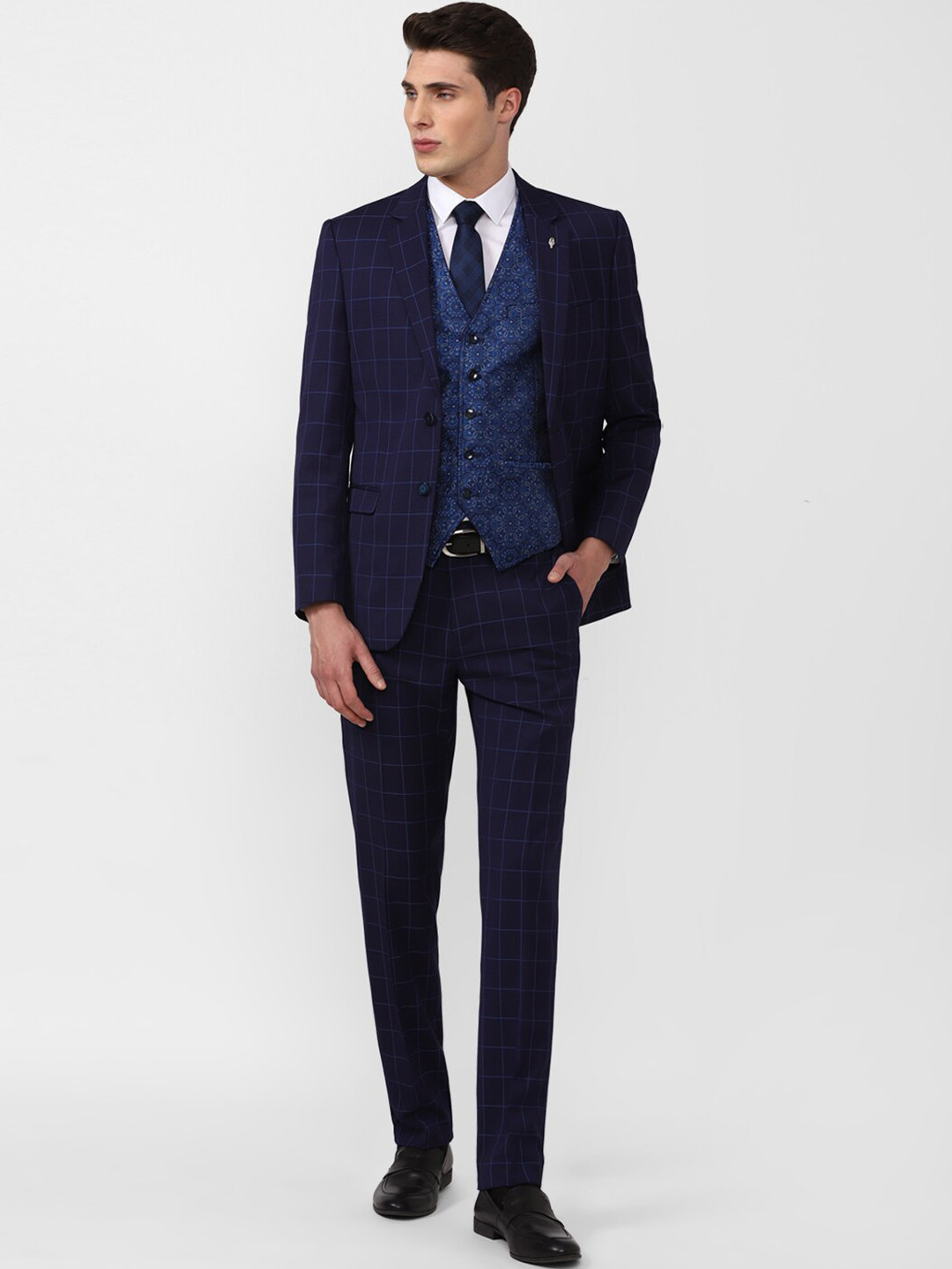 

Van Heusen Men Checked Single Breasted Slim-Fit 3Pc Suits, Navy blue