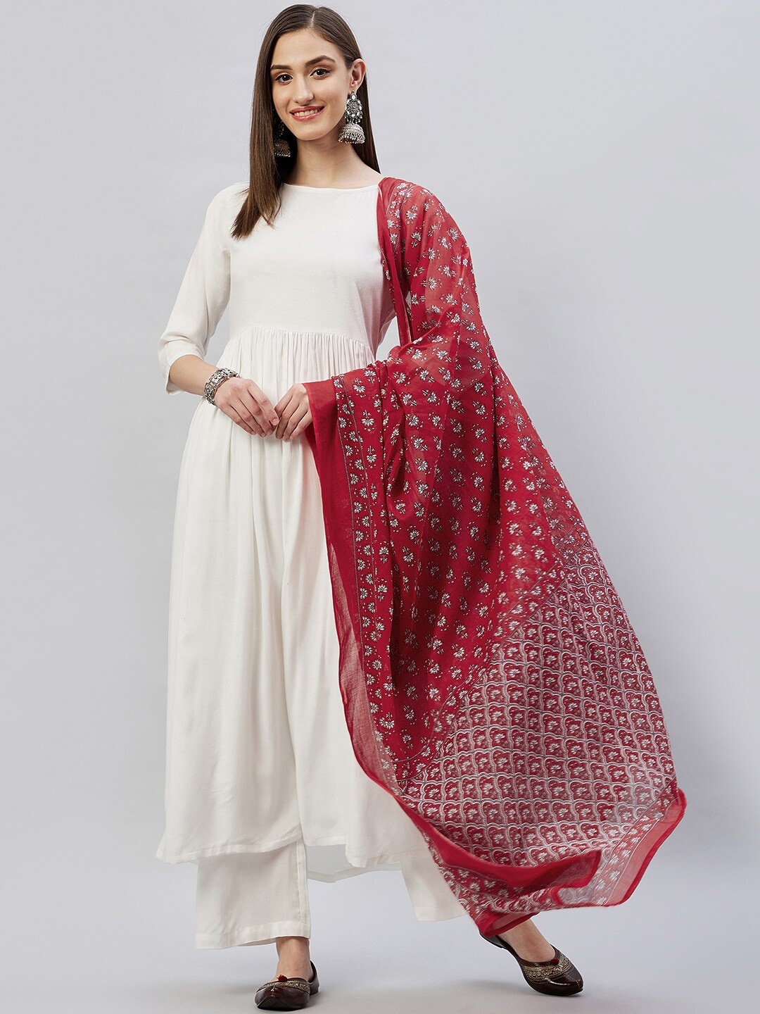 

InWeave Women Pleated Kurta with Trousers & With Dupatta, White