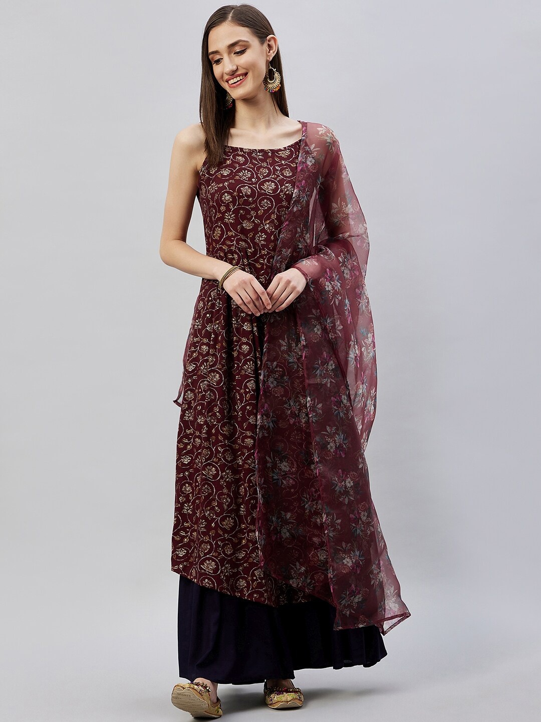 

InWeave Floral Printed Pleated Kurta with Palazzos & With Dupatta, Maroon