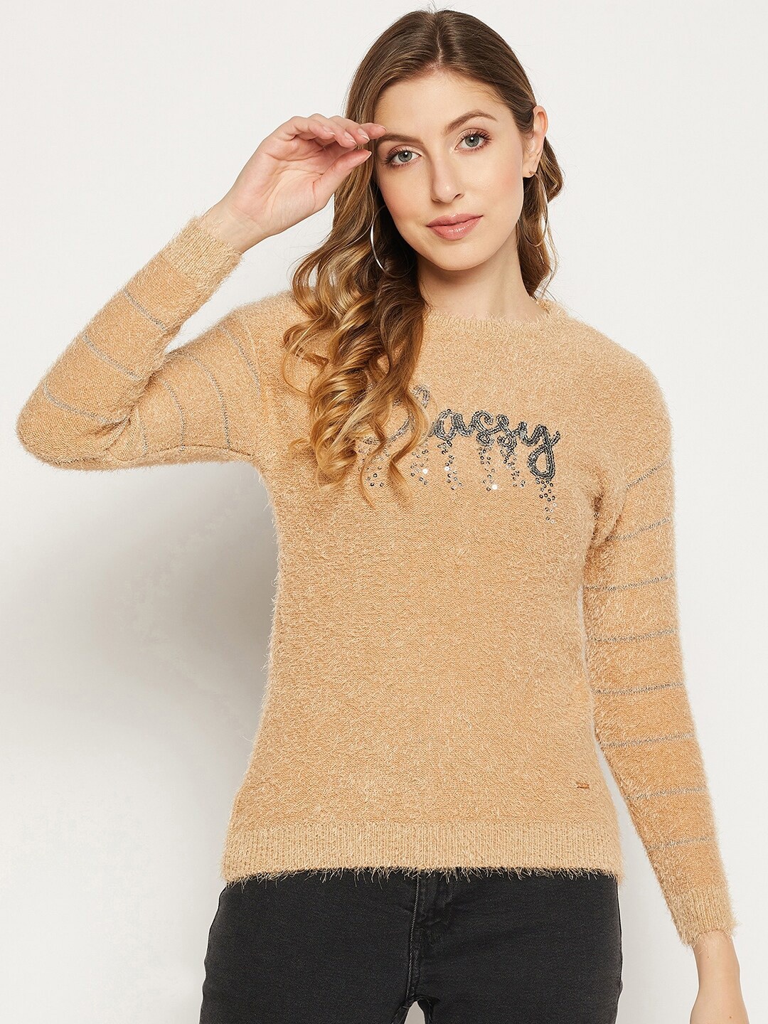 

Duke Women Typography Acrylic Pullover with Embellished Detail, Beige