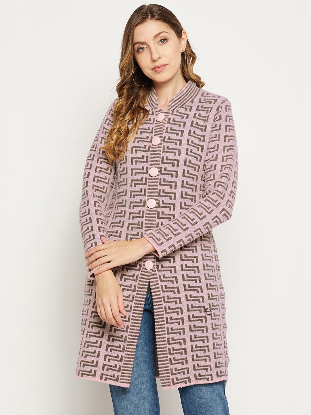 

Duke Women Pink & Grey Printed Longline Acrylic Cardigan