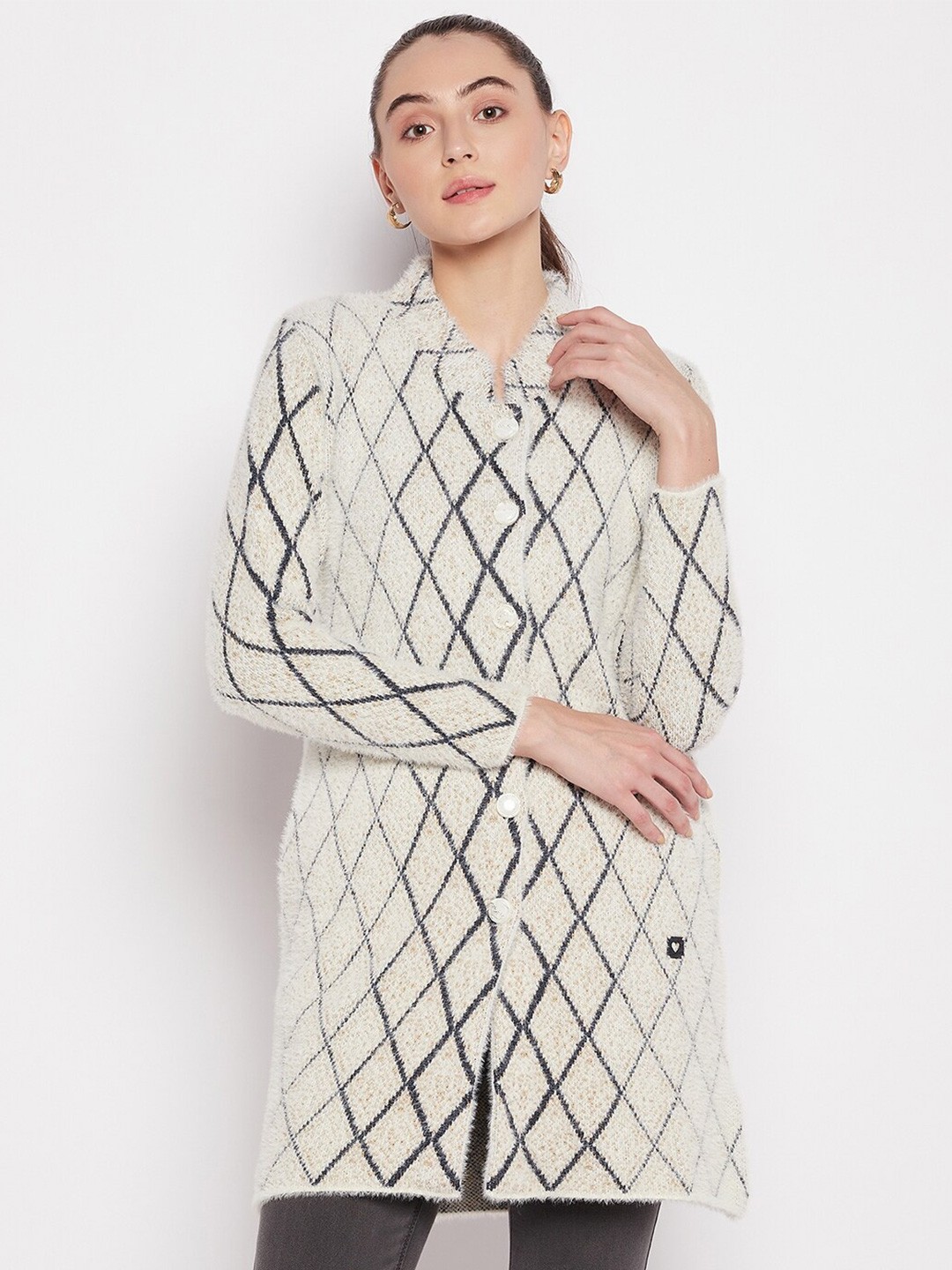 

Duke Women White & Black Printed Longline Acrylic Cardigan