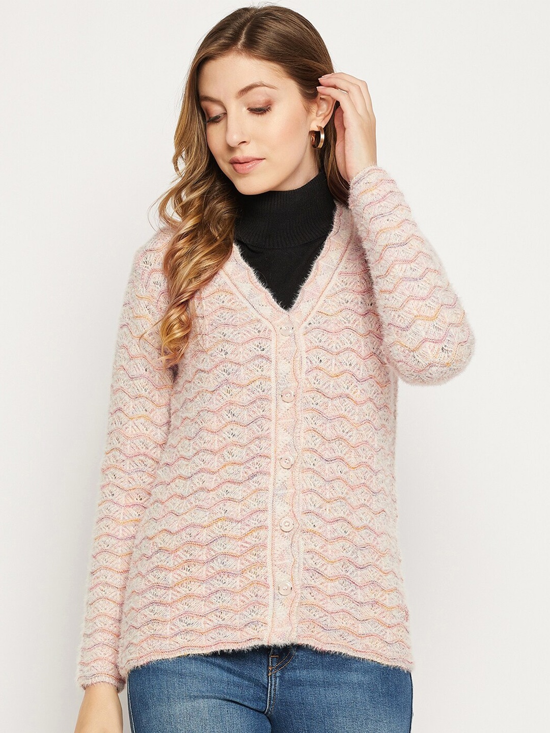 

Duke Women Cable Knit Acrylic Cardigan with Fuzzy Detail, Peach