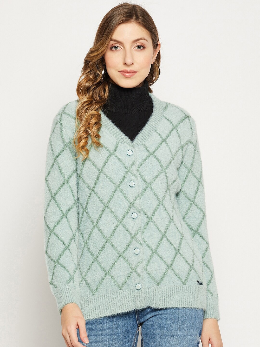 

Duke Women Checked Acrylic Cardigan with Fuzzy Detail, Green