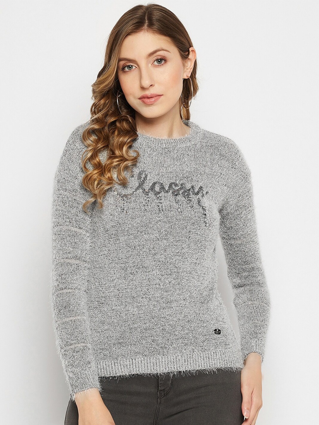 

Duke Women Typography Acrylic Pullover with Embellished Detail, Grey