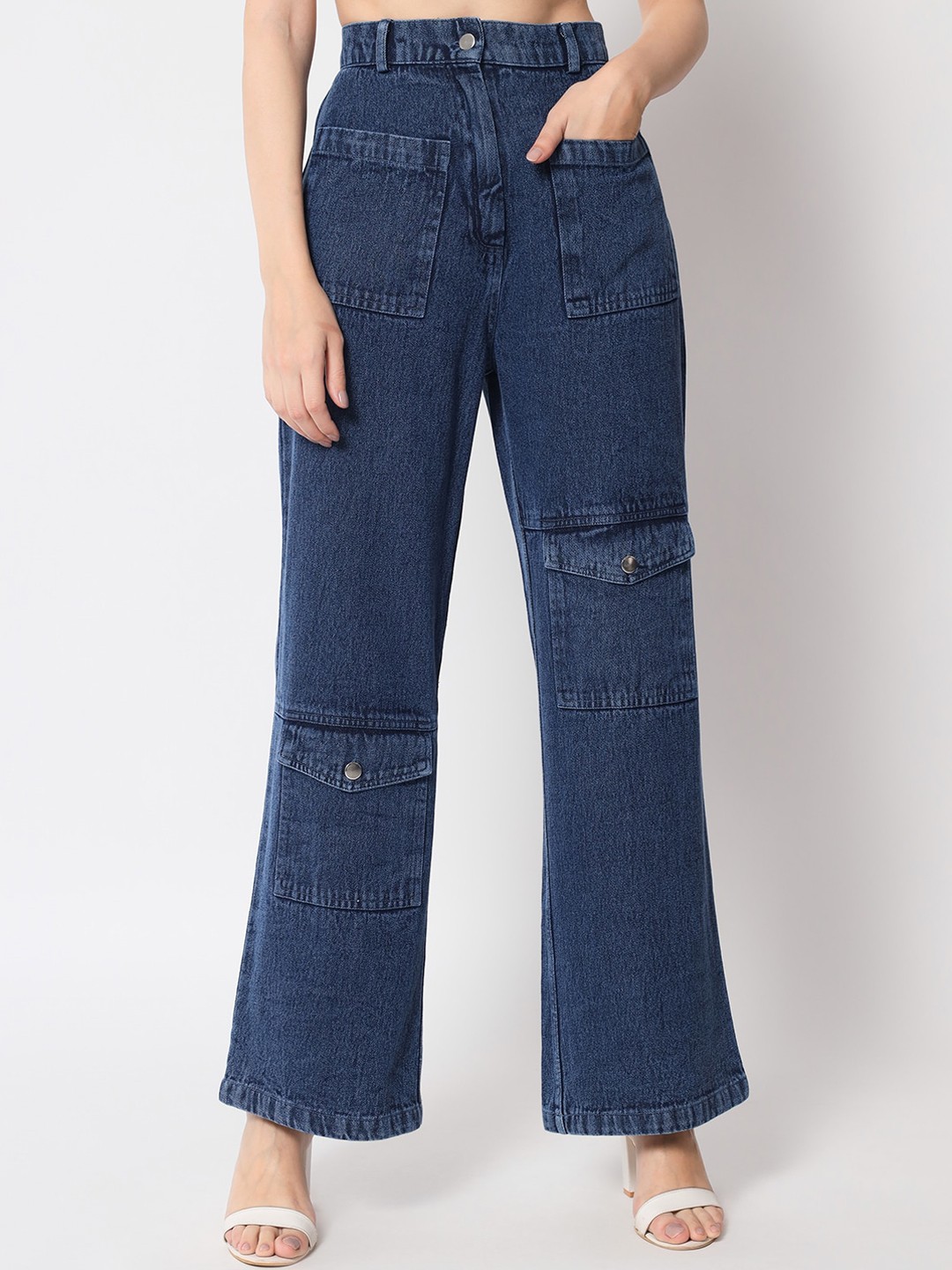 

Orchid Blues Women Flared High-Rise Cotton Cargo Jeans, Blue