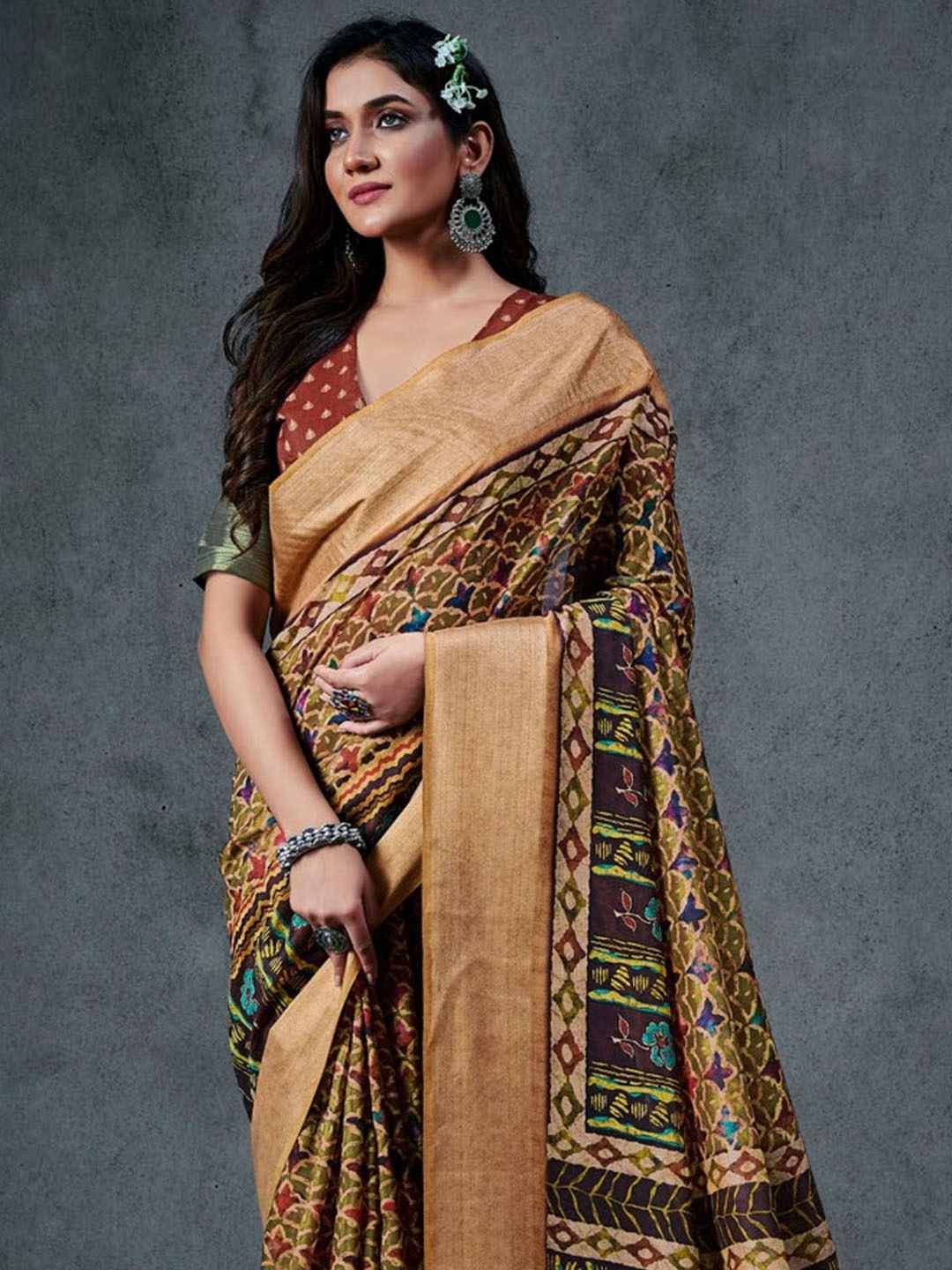 

KARAGIRI Floral Zari Saree, Brown