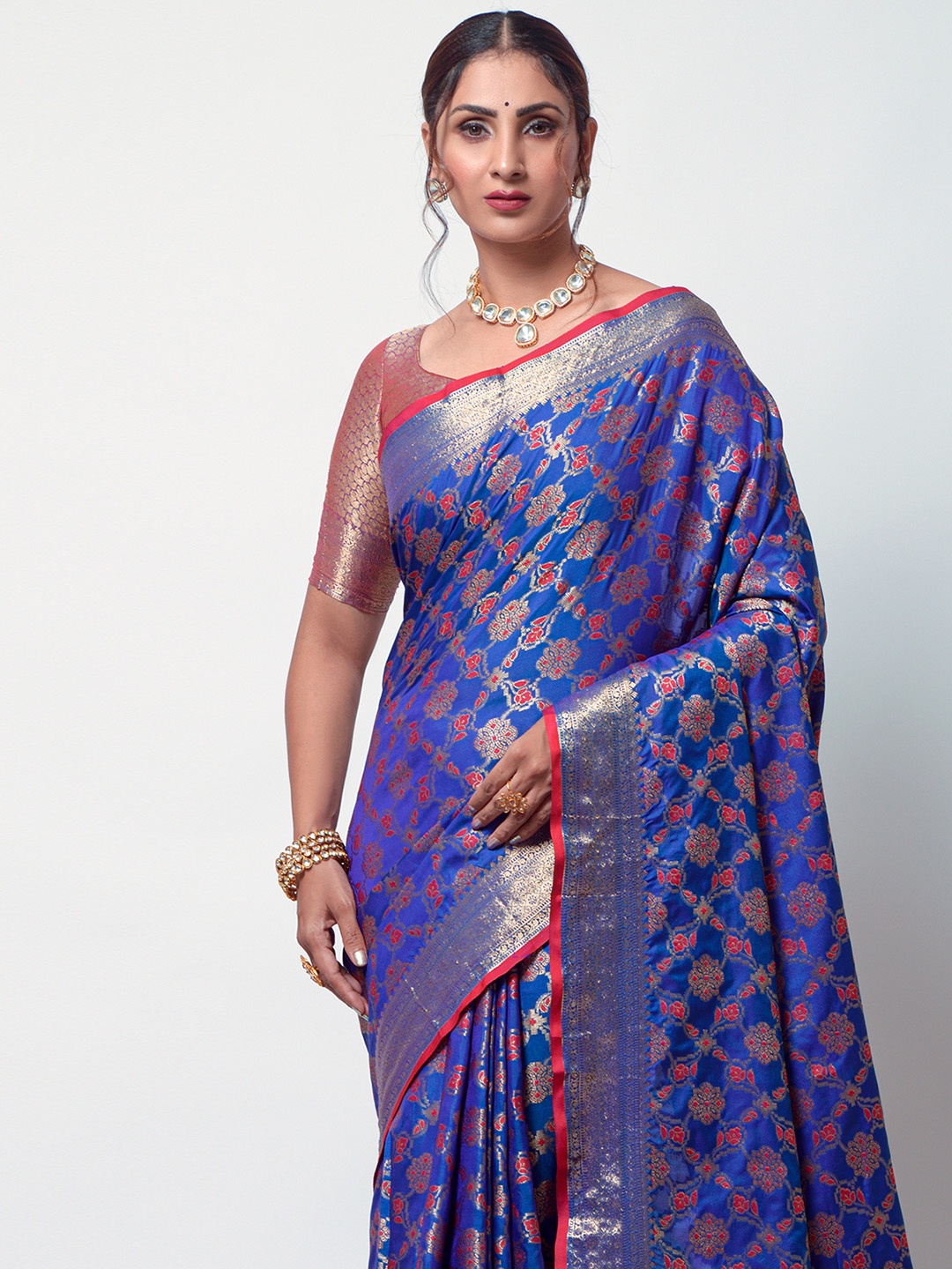 

KARAGIRI Floral Zari Silk Blend Patola Saree, Blue