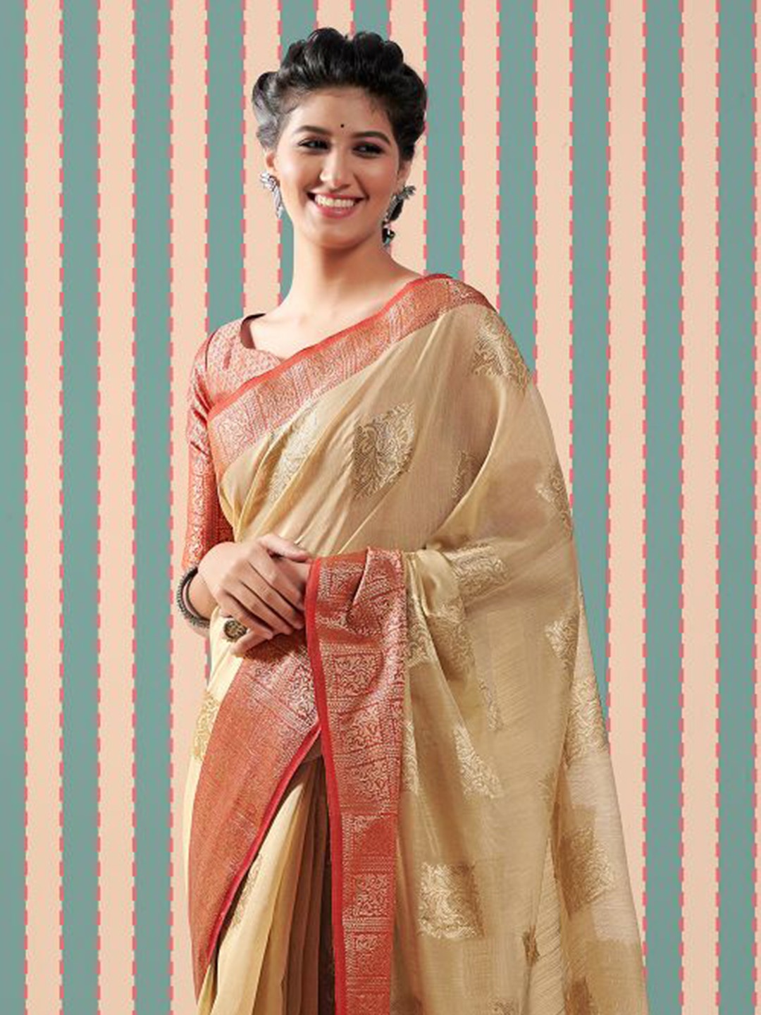 

KARAGIRI Ethnic Motifs Zari Silk Blend Banarasi Saree, Beige