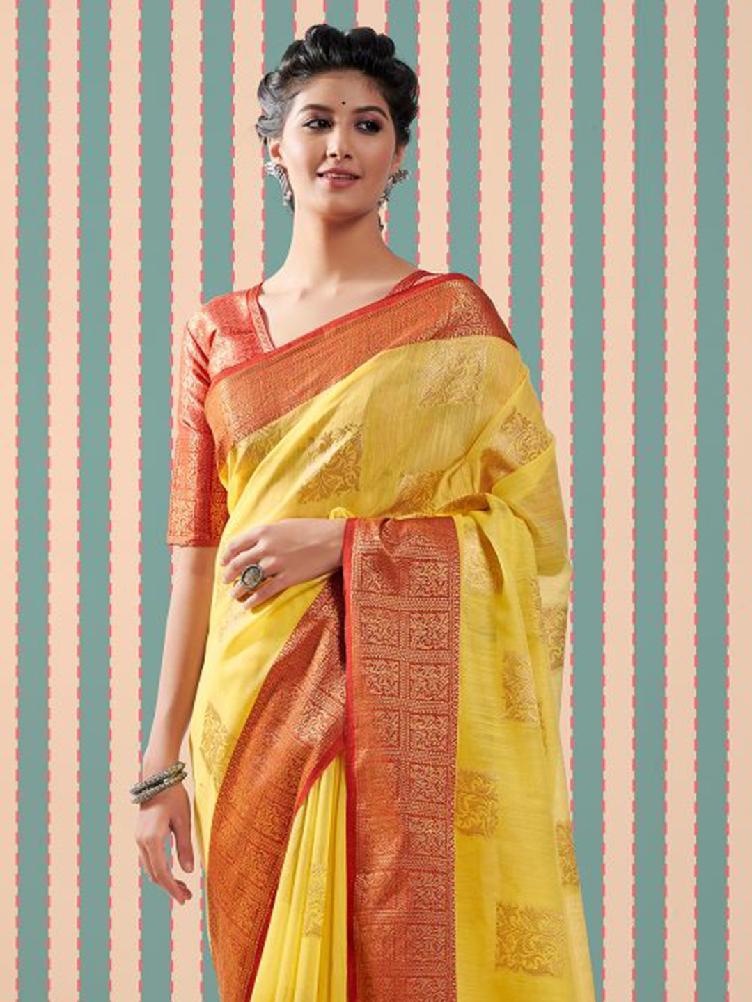 

KARAGIRI Ethnic Motifs Zari Silk Blend Banarasi Saree, Yellow