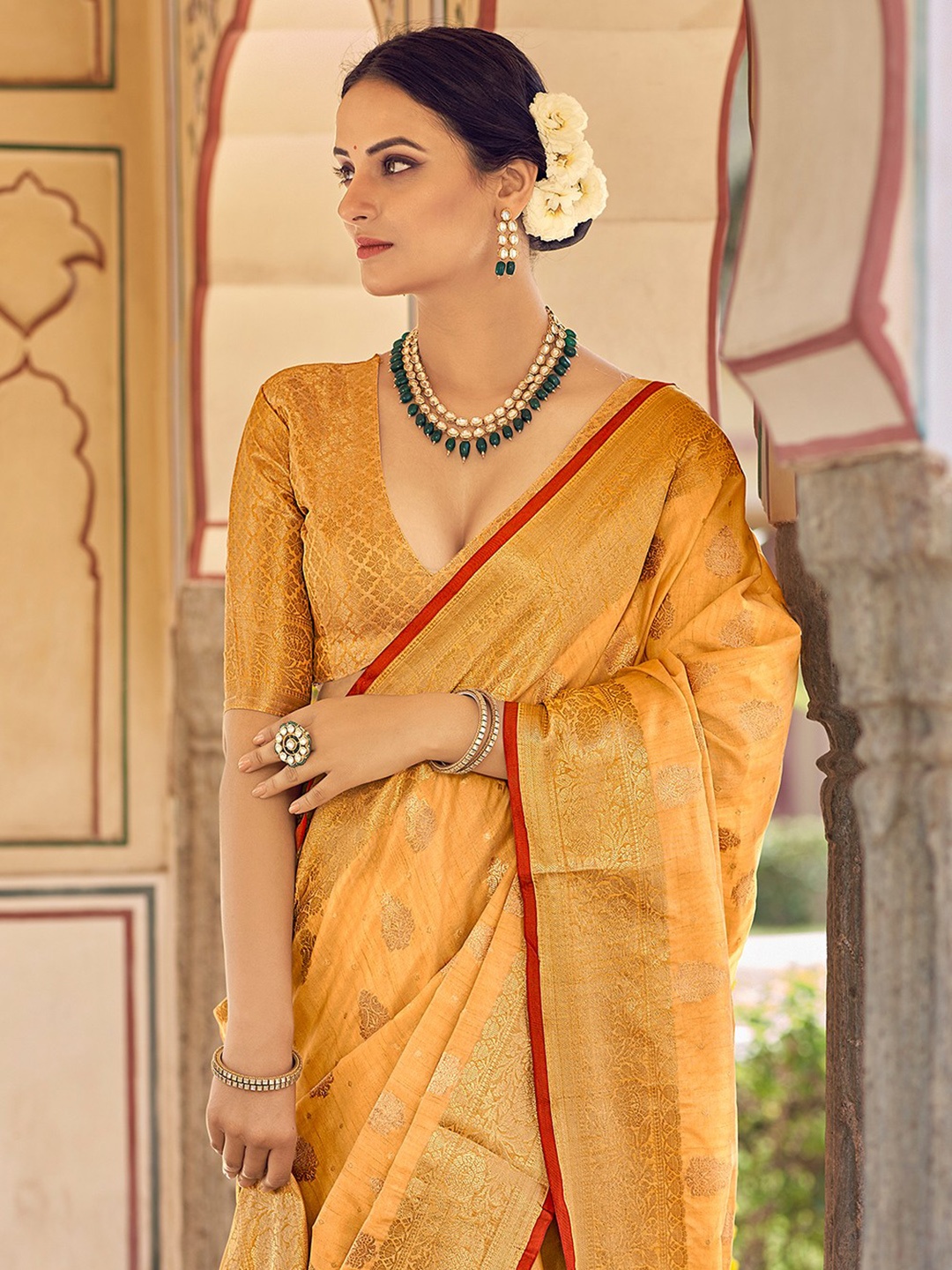 

KARAGIRI Yellow & Red Ethnic Motifs Zari Silk Blend Saree