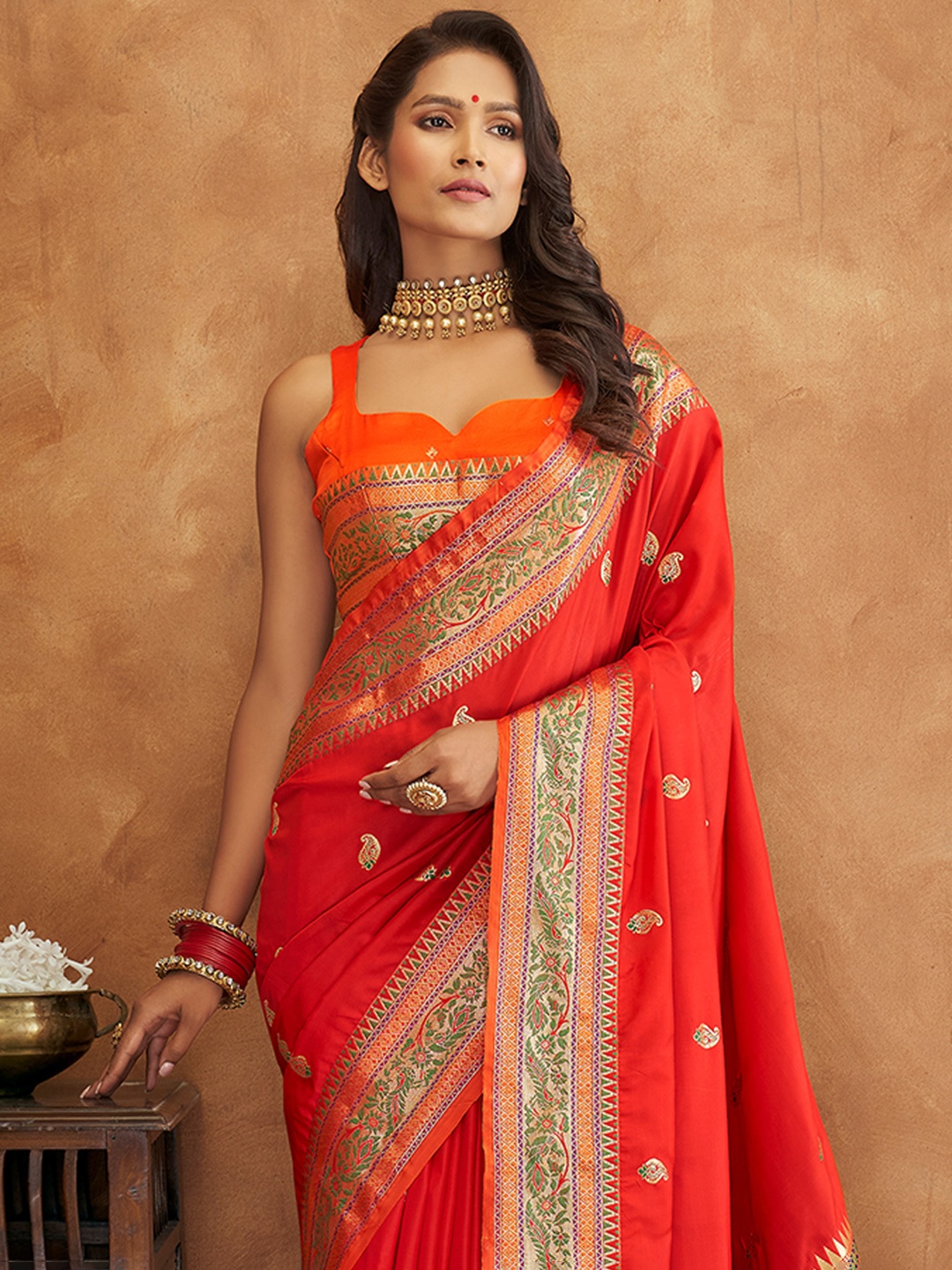 

KARAGIRI Paisley Zari Silk Blend Banarasi Saree, Red