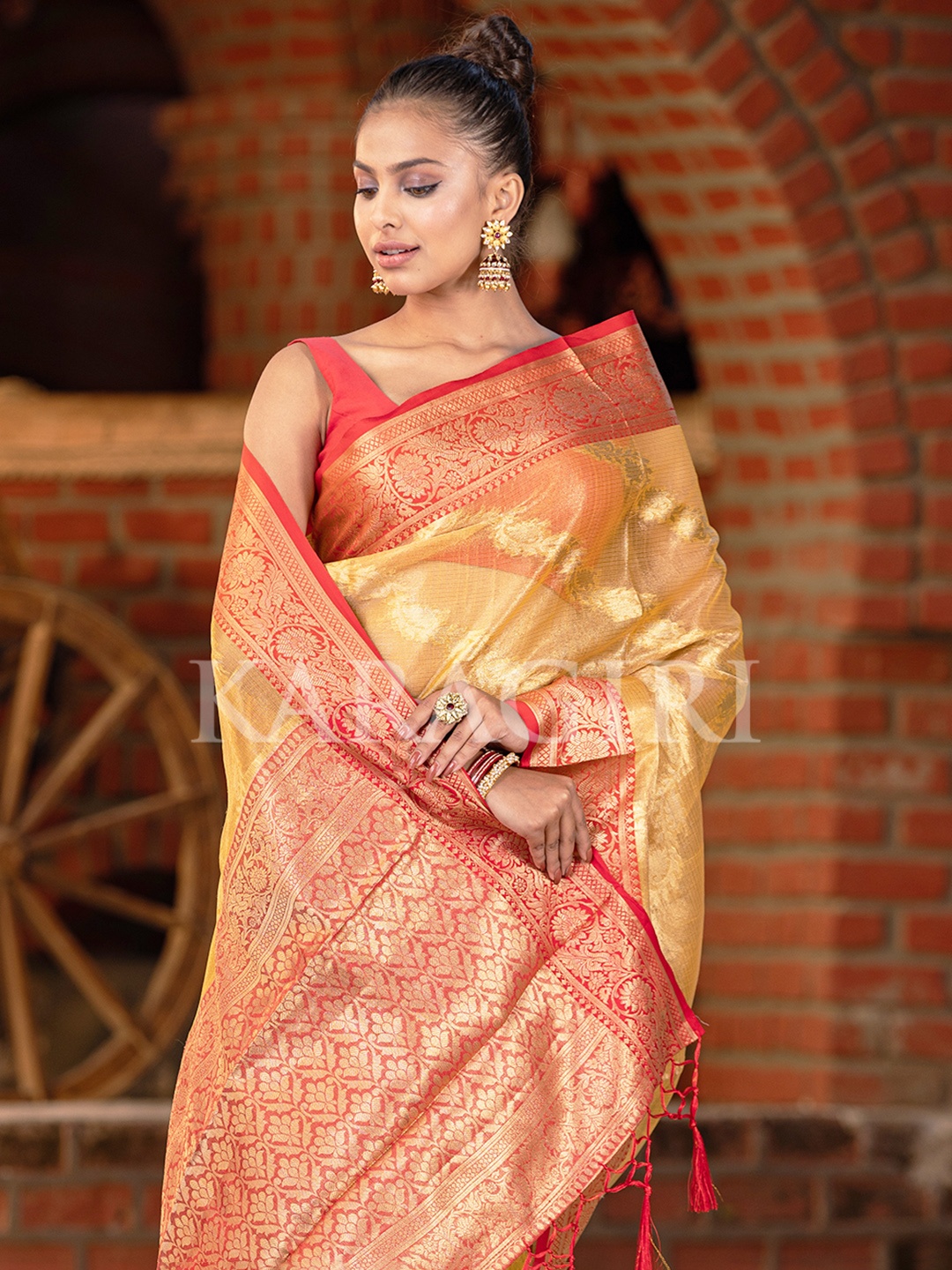 

KARAGIRI Orange & Pink Ethnic Motifs Zari Organza Saree