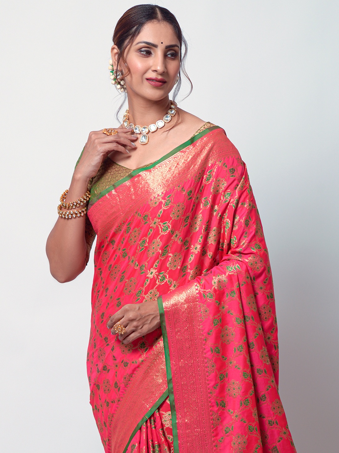 

KARAGIRI Ethnic Motifs Zari Silk Blend Patola Saree, Pink