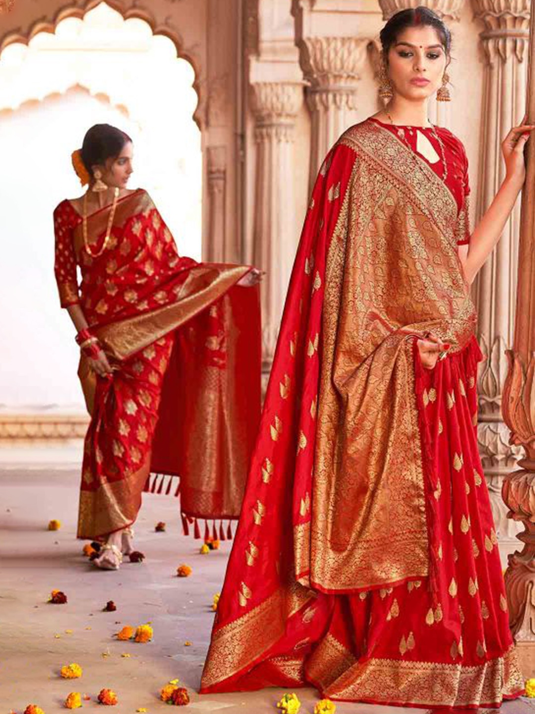 

KARAGIRI Red & Gold-Toned Ethnic Motifs Zari Silk Blend Banarasi Saree