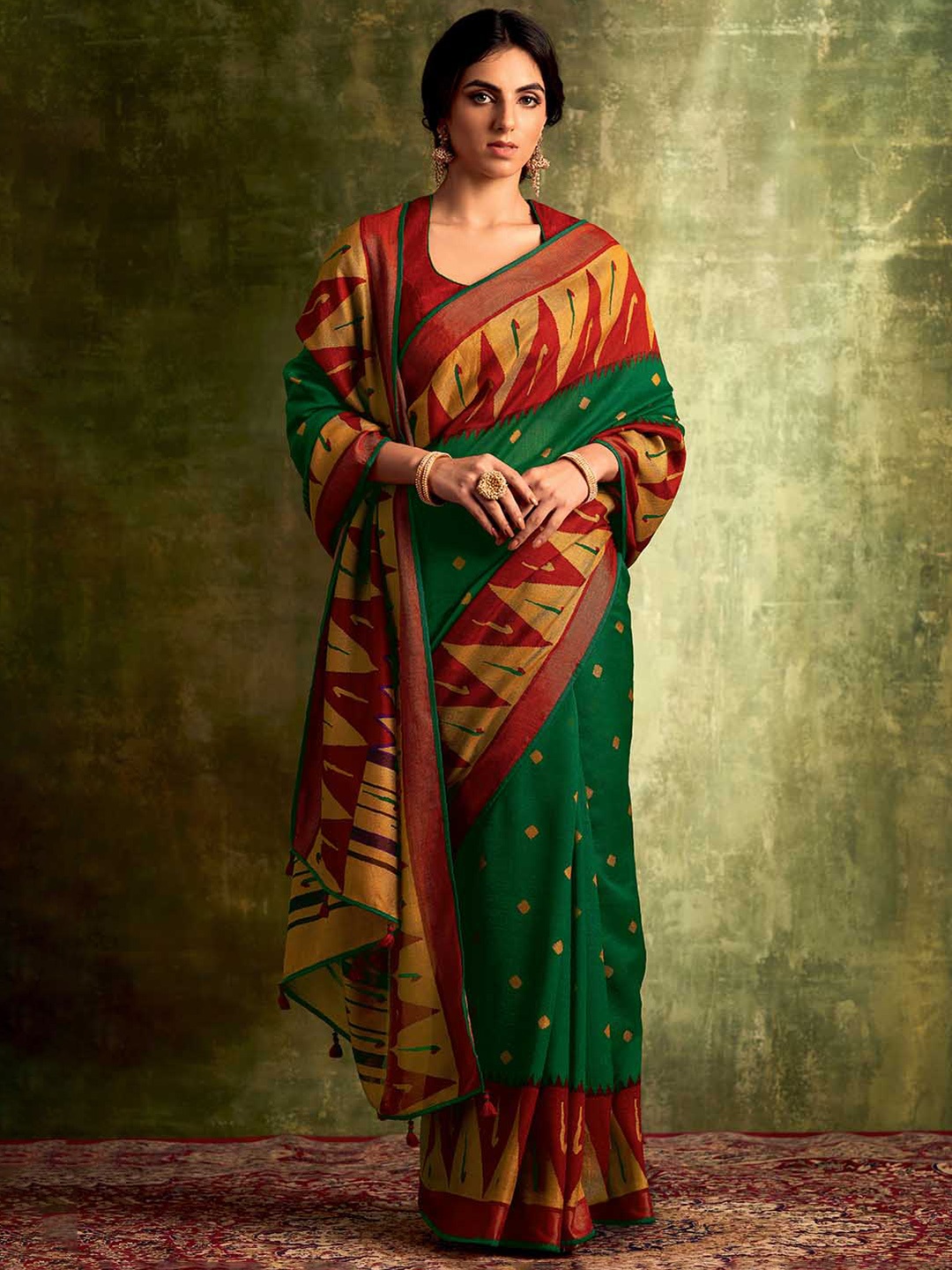 

KARAGIRI Green & Red Ethnic Motifs Zari Brasso Saree