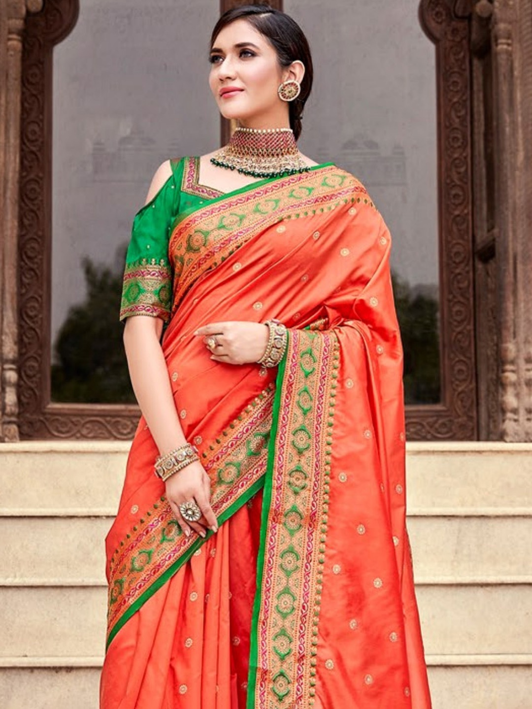 

KARAGIRI Ethnic Motifs Zari Silk Blend Banarasi Saree, Orange