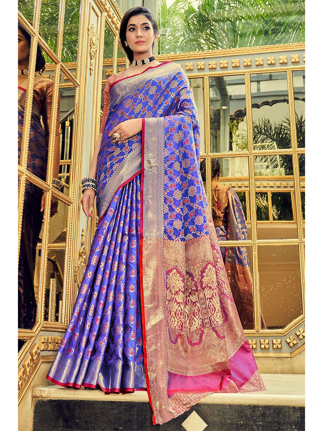 

KARAGIRI Woven Design Zari Silk Blend Banarasi Saree, Blue