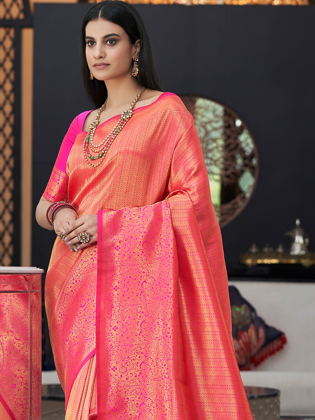 

KARAGIRI Ethnic Motifs Silk Blend Kanjeevaram Saree, Green