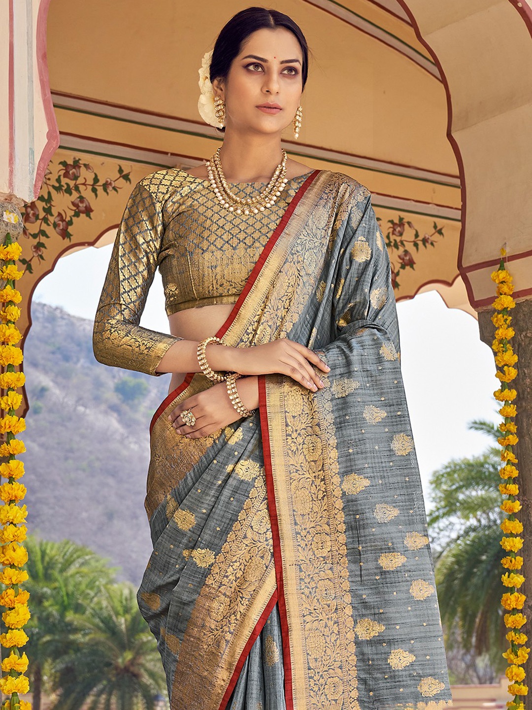 

KARAGIRI Ethnic Motifs Silk Blend Heavy Work Mysore Silk Saree, Yellow