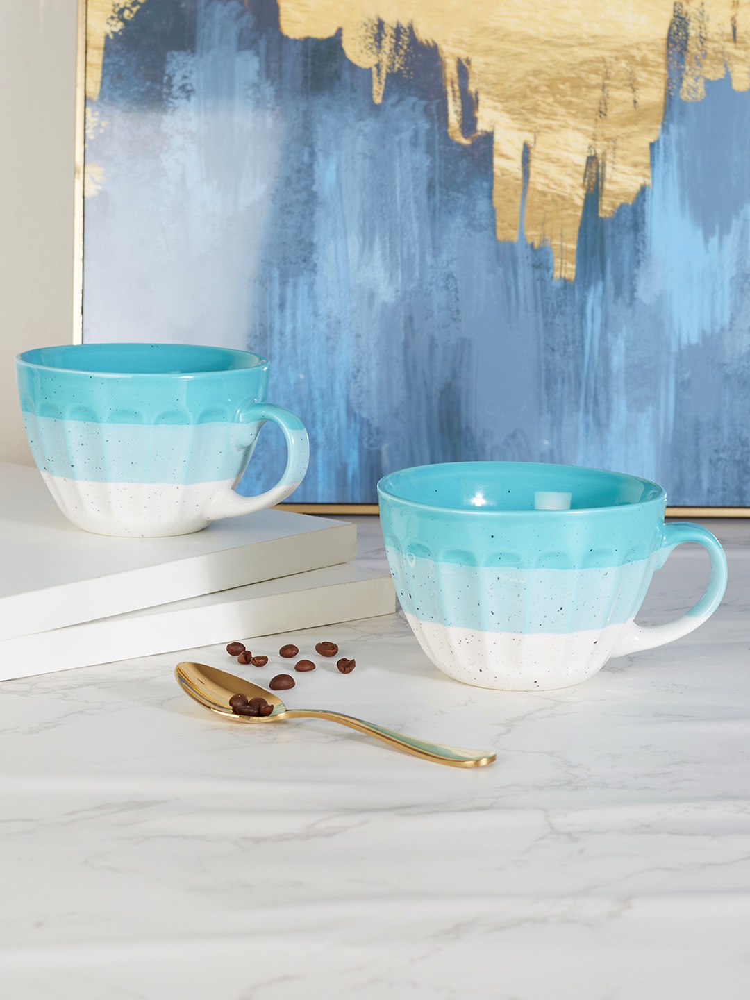 

HomeTown Emilia Blue & White Set of 2 Printed Ceramic Glossy Mugs 400ml Each