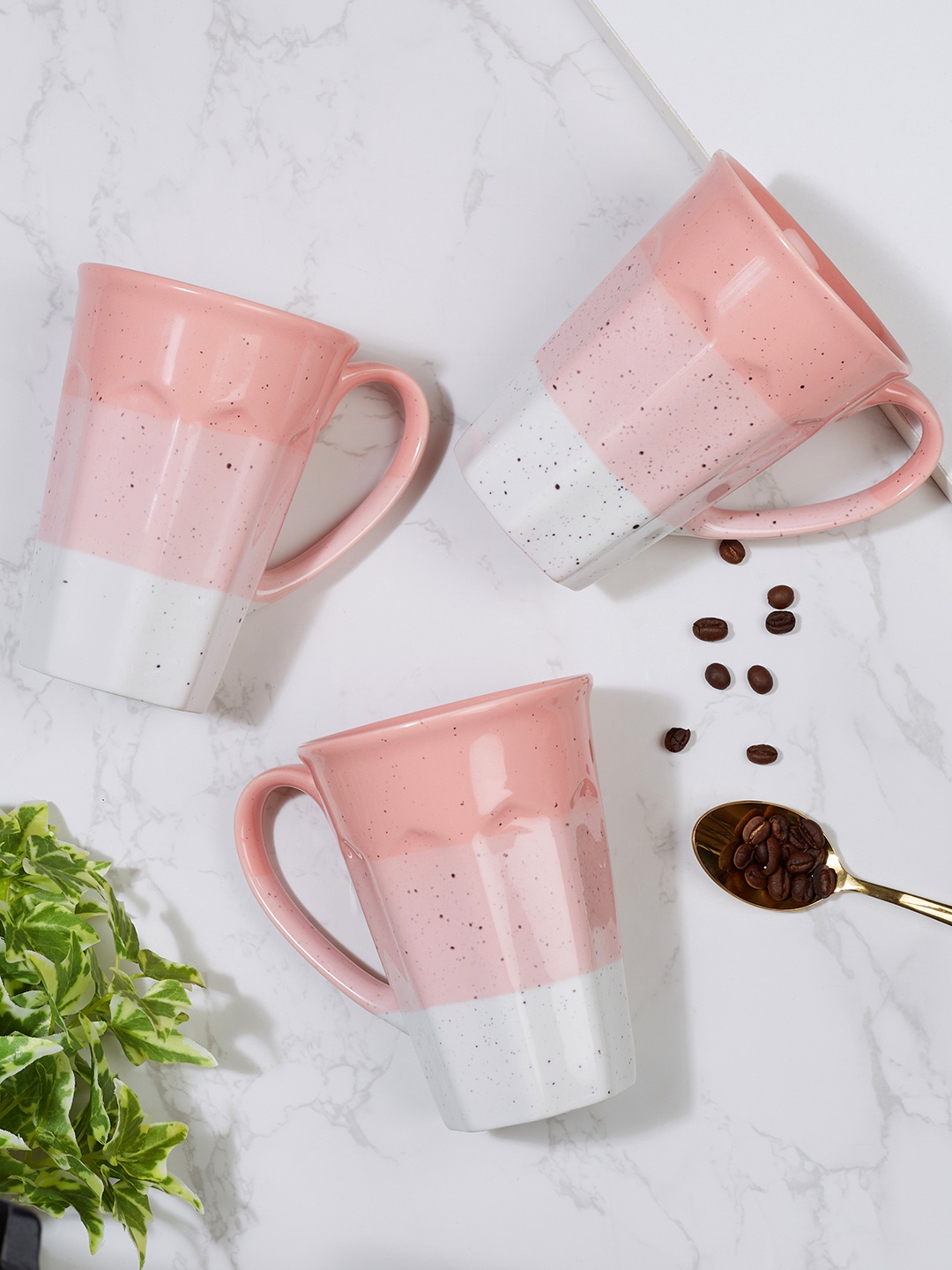 

HomeTown Pink & White Set of 3 Printed Ceramic Glossy Mugs 370 ml Each