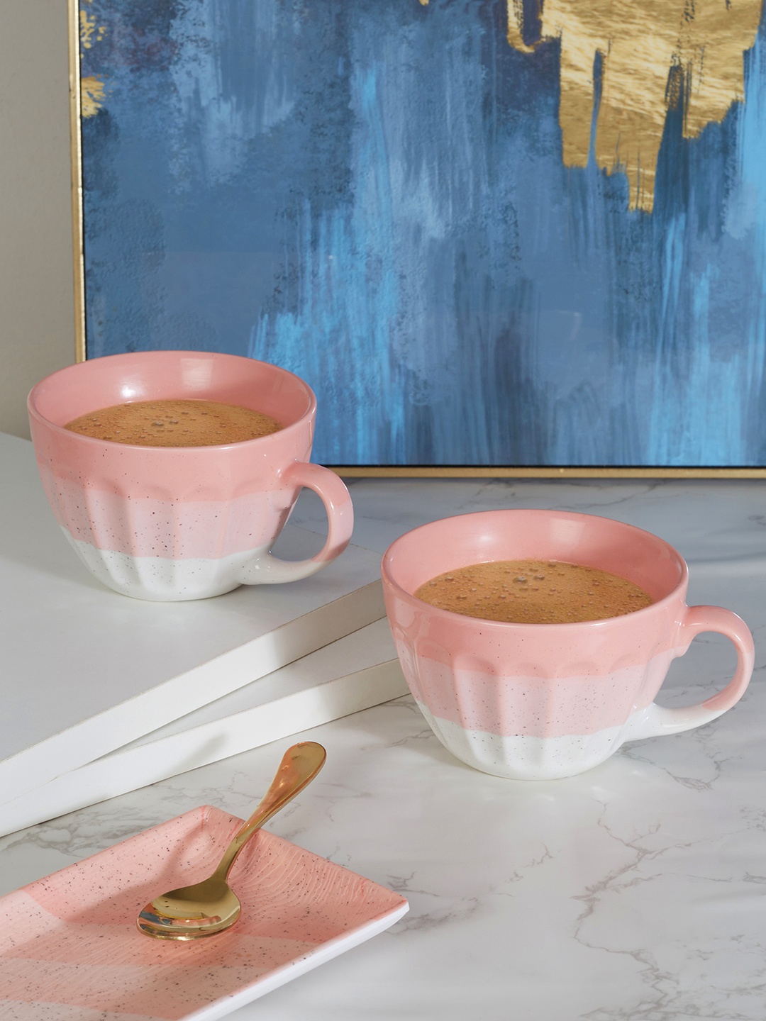 

HomeTown Emilia Pink & White Set of 2 Printed Ceramic Glossy Mugs 400 ml Each