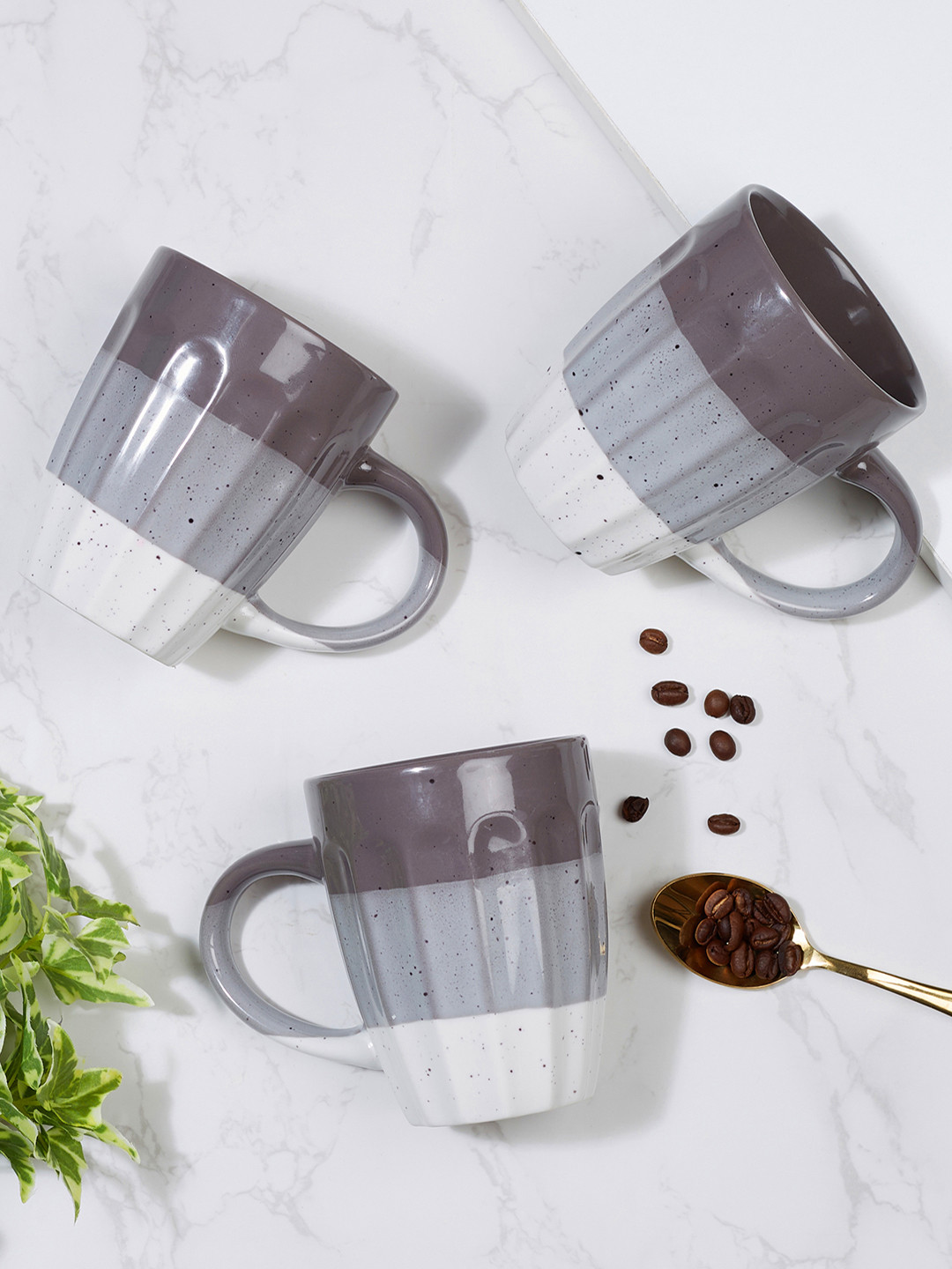 

HomeTown Emilia Grey & White Set of 3 Printed Ceramic Glossy Mugs 320 ml