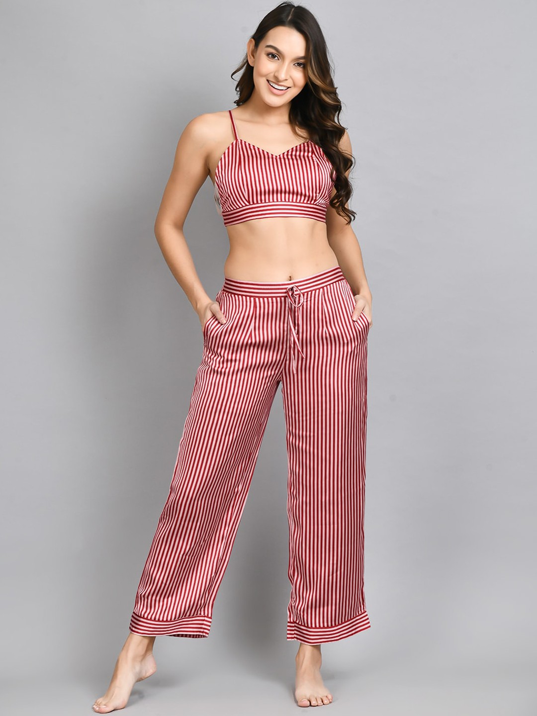 

PRETTY LOVING THING Women Striped Night suit, Maroon