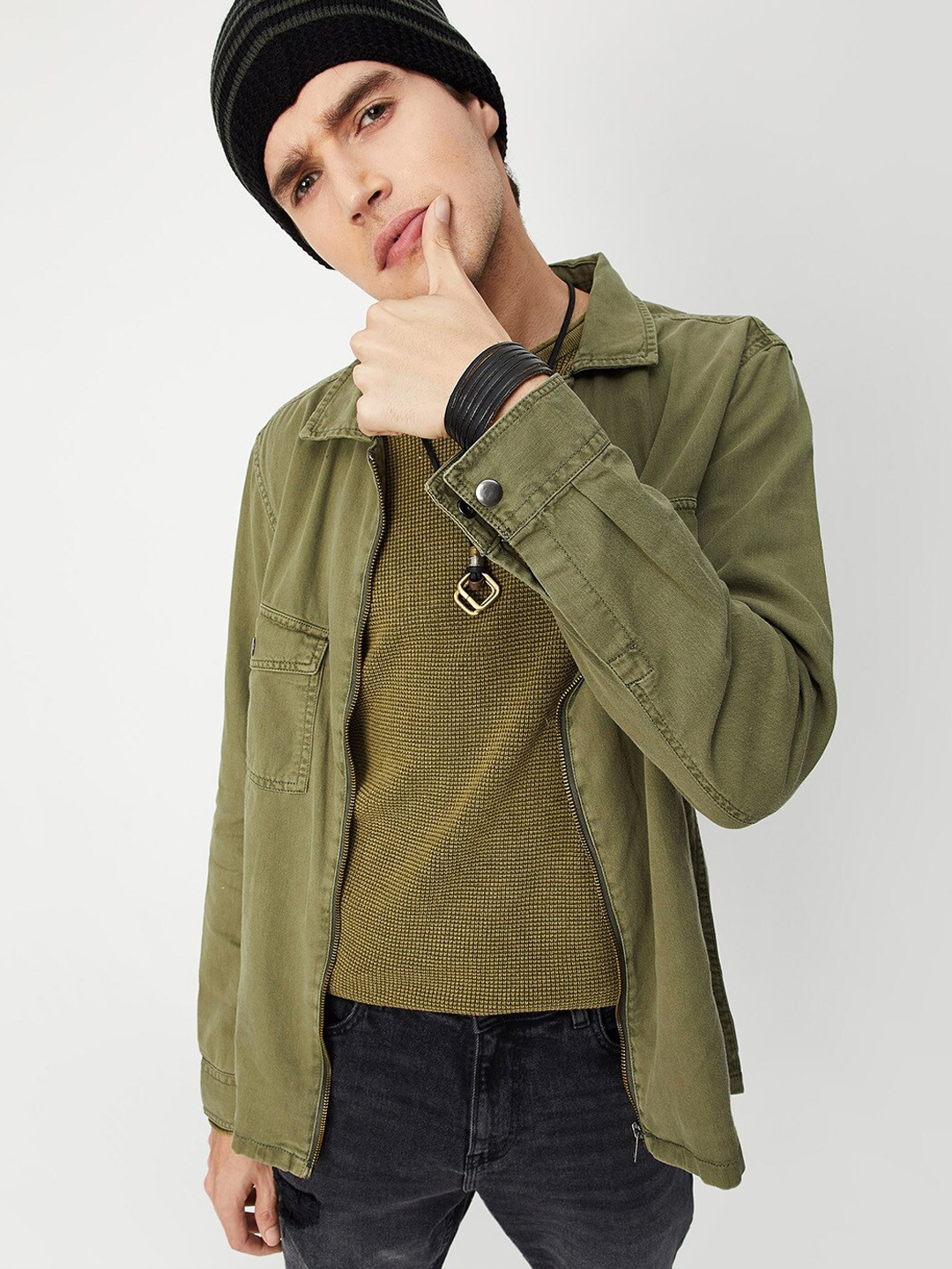 

max Men Windcheater Longline Pure Cotton Tailored Jacket, Green