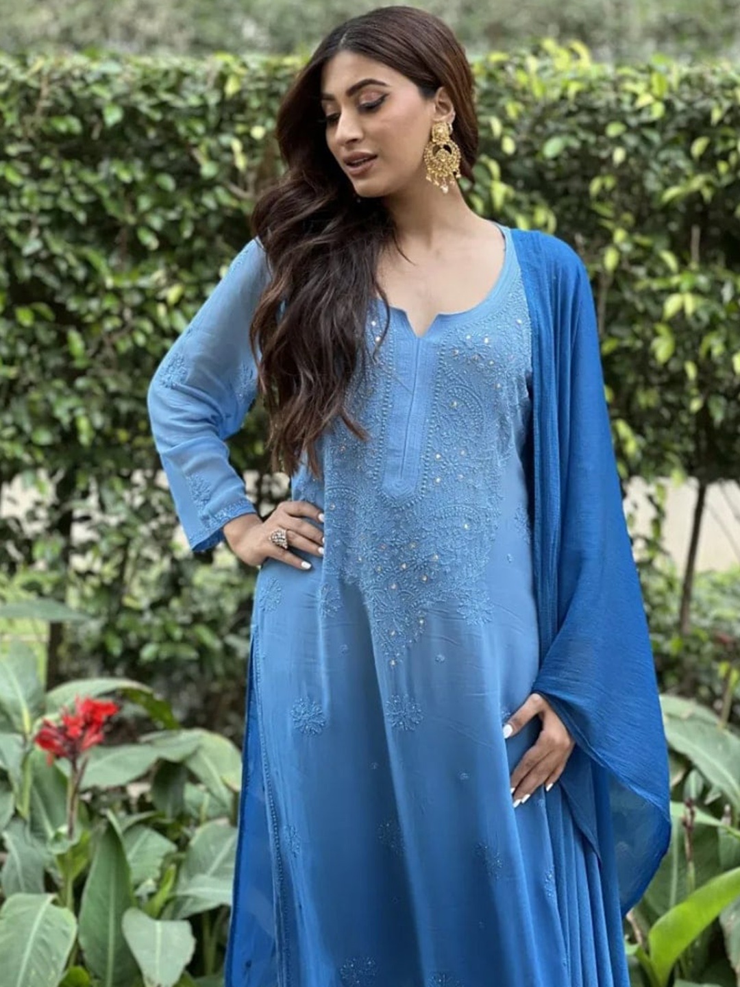 

LABEL AISHWARYRIKA Chikankari Silk Georgette Kurta with Trousers & With, Blue