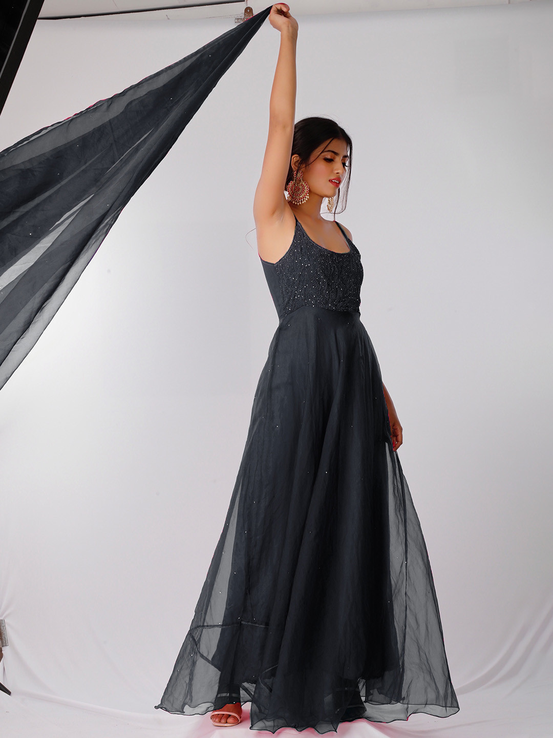 

LABEL AISHWARYRIKA Women Grey Yoke Design Silk Georgette Kurta with Trousers & With Dupatta